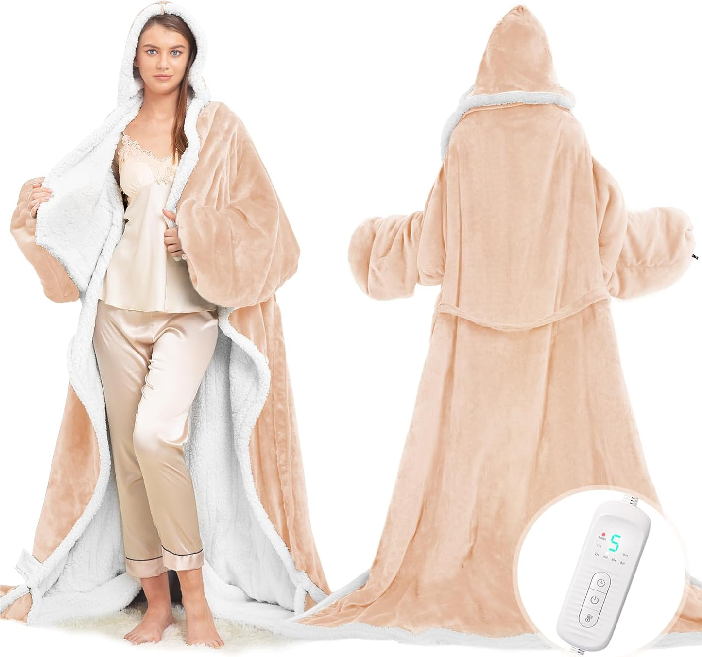 Wearable Heated Blanket with Foot Pocket, Electric Wearable Throw Blanket with Sleeves, Hood, Portable Heated Blanket with 8 Heat Settings, 1-10 Hours Auto Shut-off, Gift for Family, Friends, 50*70"