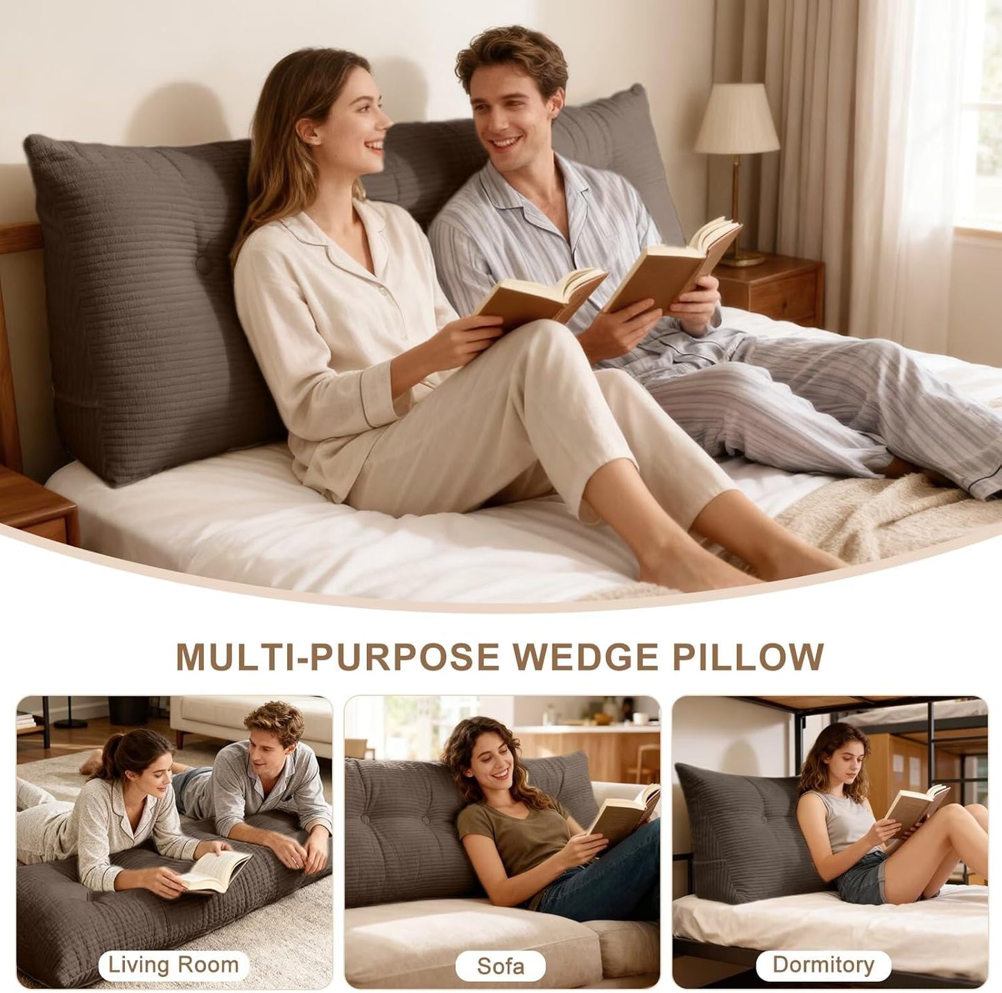 Wedge Pillow Headboard Queen Triangular Bed Wedge Pillow for Headboard, Headboard Pillow Reading Pillow for Daybeds and Bunk Beds with Removable Velvet Cover