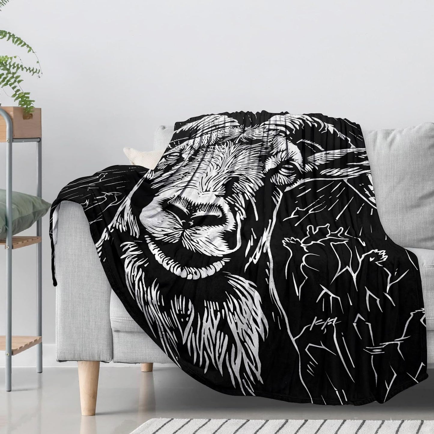 Goat Flannel Throw Blanket 50x60 Inch, Bold Black and White Mountain Sheep Blankets Soft Cozy Fleece Throws for Animal Lover Bed Sofa Dorm Living Room Rustic Home Decor Gifts