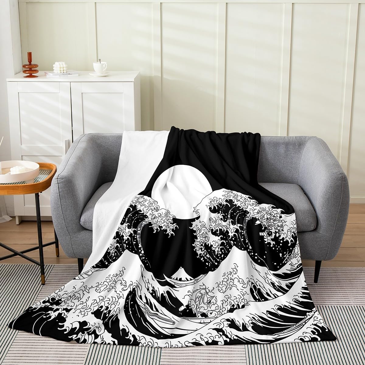Erosebridal Mount Fuji Blanket Queen 90x90, Japanese Style Sea Waves Sun Throw Blanket, Japanese Ukiyo-E Fleece Blanket, Black White Hills Ocean Fuzzy Blanket for Bedroom Living Room