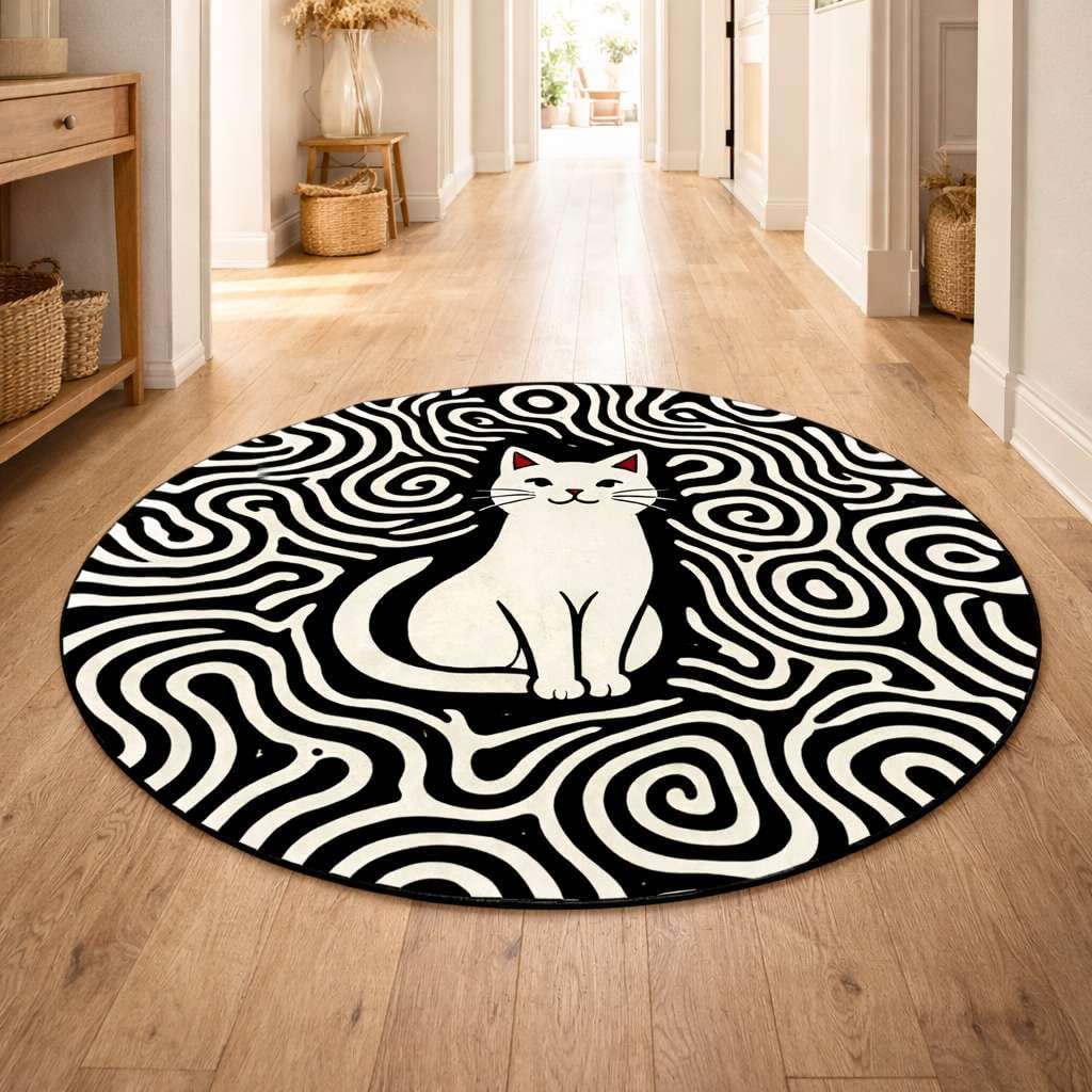 Round Cat Area Rug Black White Abstract Graphic Pattern Decorative Floor Carpet Modern Design Living Room Bedroom Home Office Accent Mat Stylish Interior Decor -3" (Round)