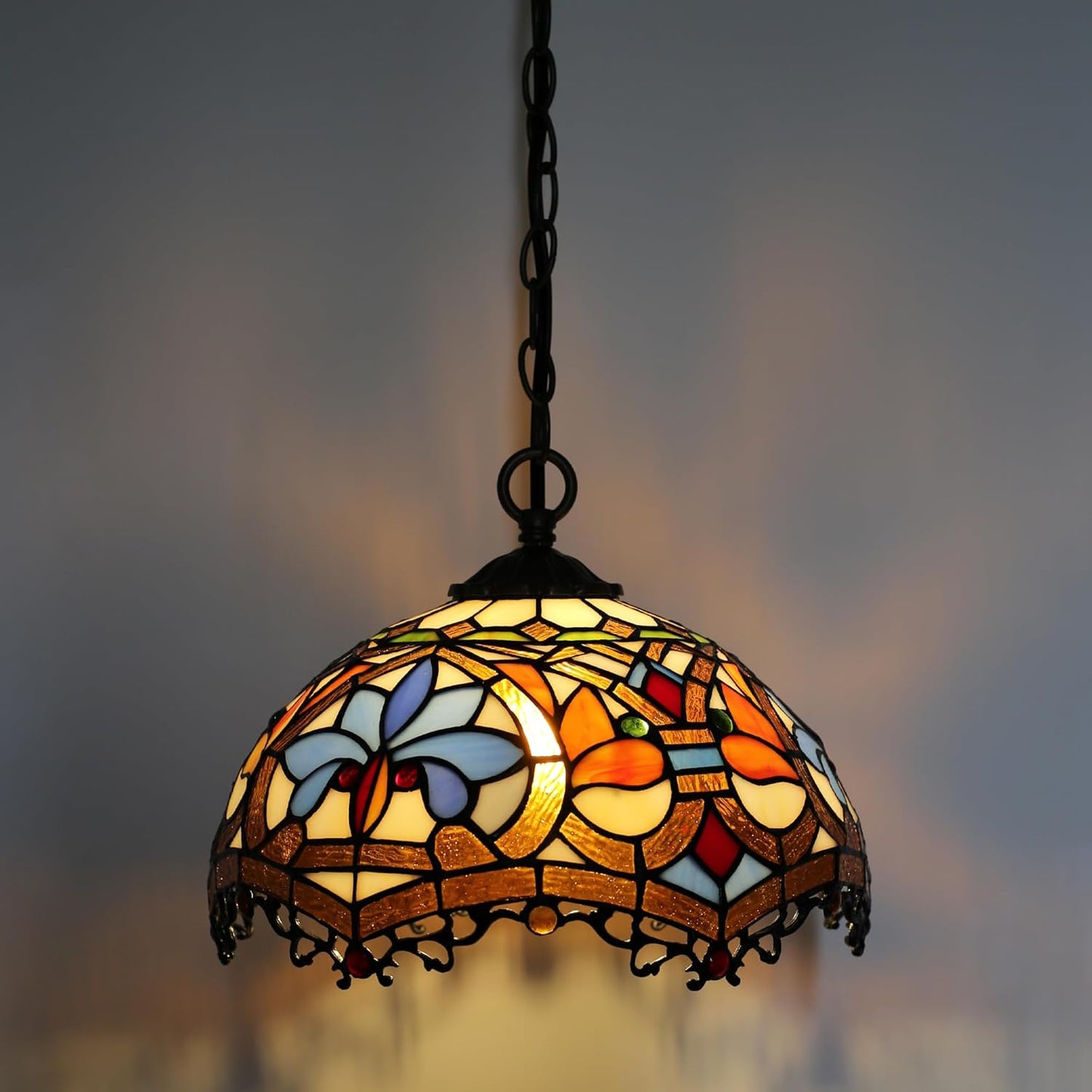 Tiffany Pendant Light Plug-in Stained Glass Hanging Lamp 12”x12”x181” Yellow Phoenix Tail Swag Light Vintage Lamp Decorative Lighting for Dining Room Living Room Kitchen Hallway