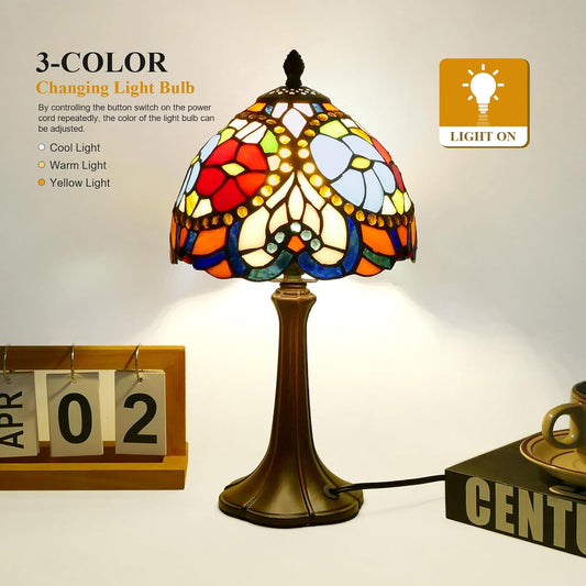Tiffany Style Table Lamp Heart Rose Floral Vintage Bedside Table Light Desk Lamps Accent Small Lamp 15" Tall 8" Wide Reading Lamp with Color Changing LED Bulb