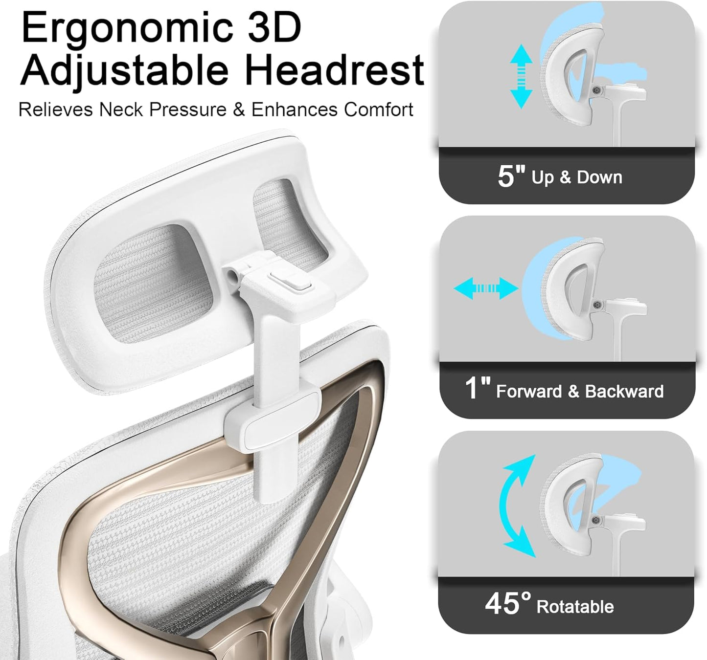 Ergonomic Office Chair for Back & Neck Pain Relief, Virgin Foam Seat, 2D Adjustable Lumbar & 3D Headrest, Tilt & Rock for Relaxation, Ideal for Long Sitting Comfort, White/Gold
