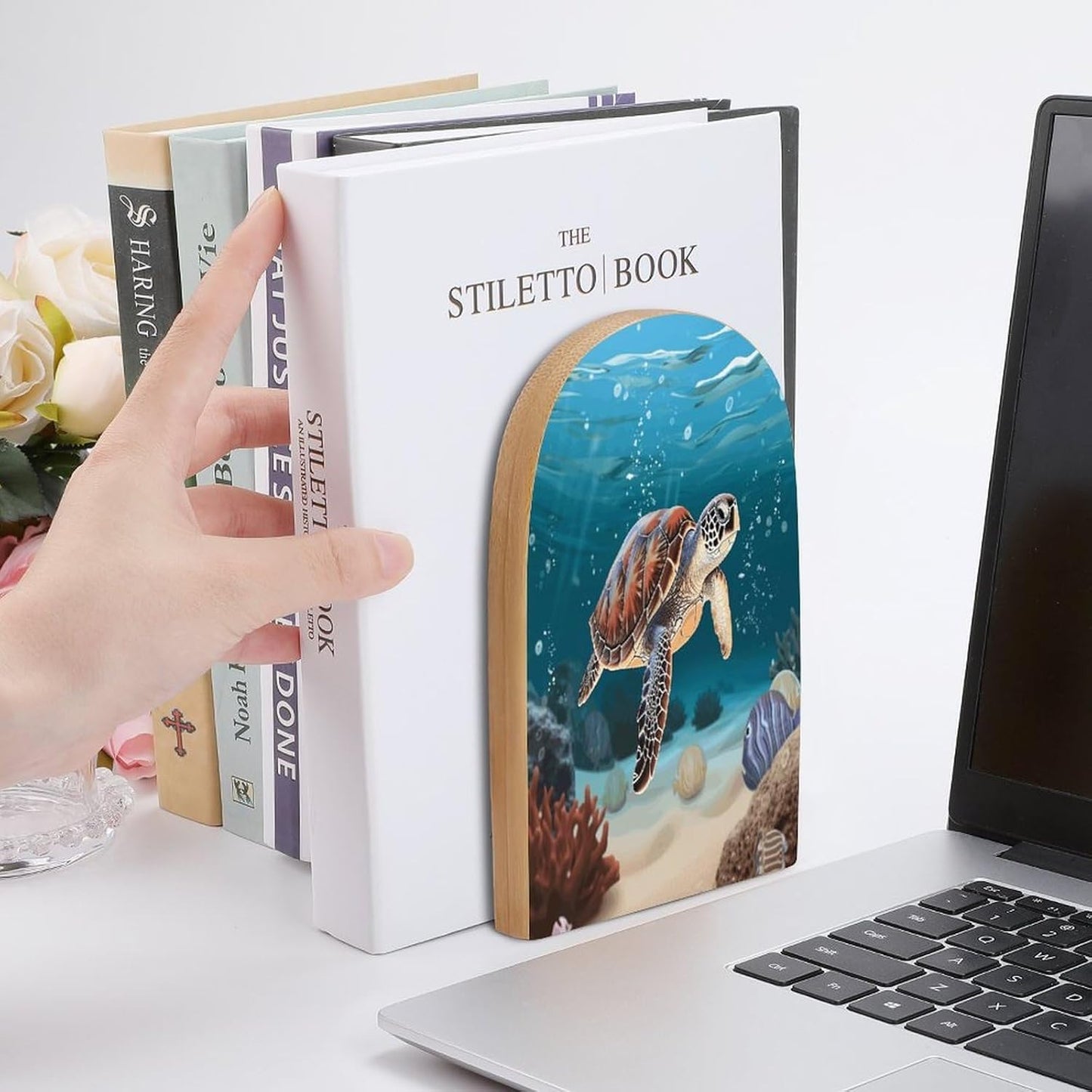 Sea Turtle Swimming Bookend for Shelves Wooden Book End Large Size Sturdy Book Holders Stoppers with Metal Base for Bookshelves Slick Decorative Bookends Stands