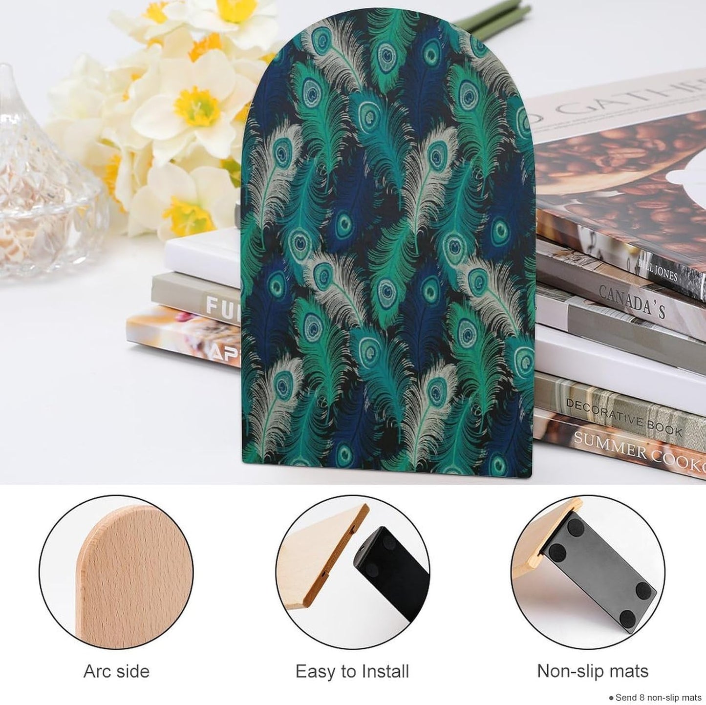 Fresh Peacock Wooden Bookend Non-Slip Book Ends Heavy Duty Book Stopper with Metal Base Books Holderd Decorative Bookends Stands Firmly for Office Supplies