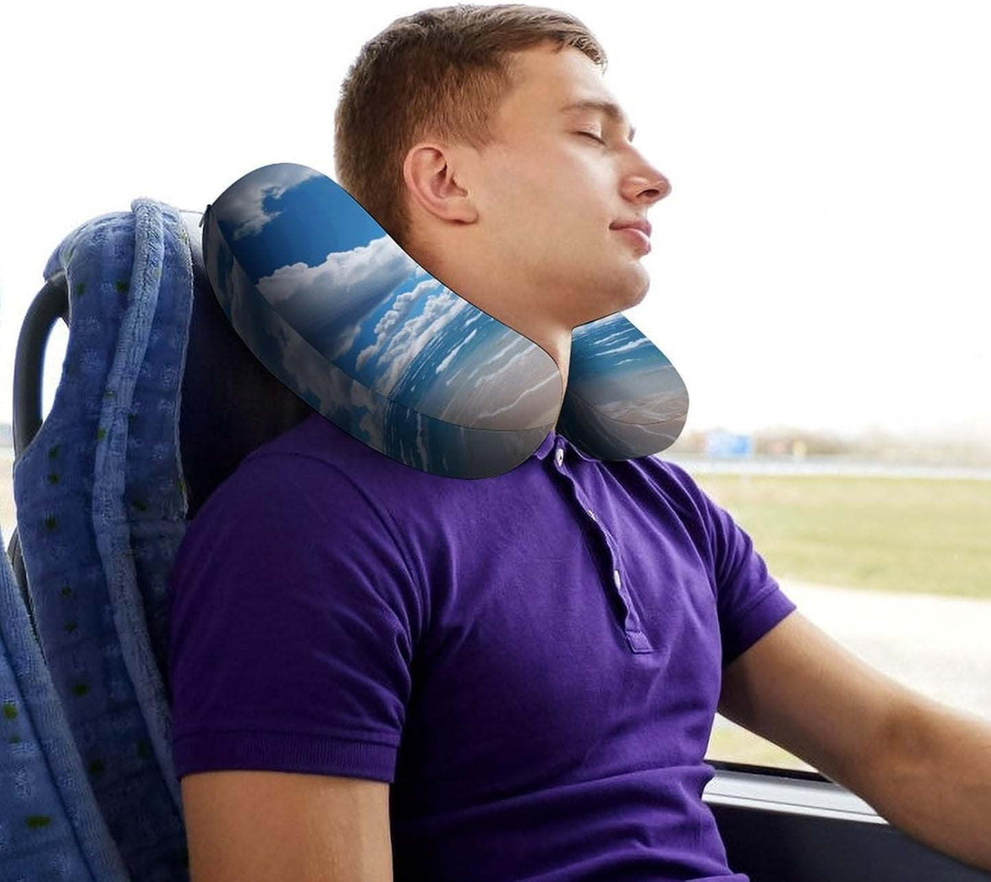 Blue and White Cloud Neck Pillow Memory Foam U Shaped Pillows Portable Pillows for Shoulder Travel Head Support Pillow with Concealed Zipper for Airplane Car Home Office