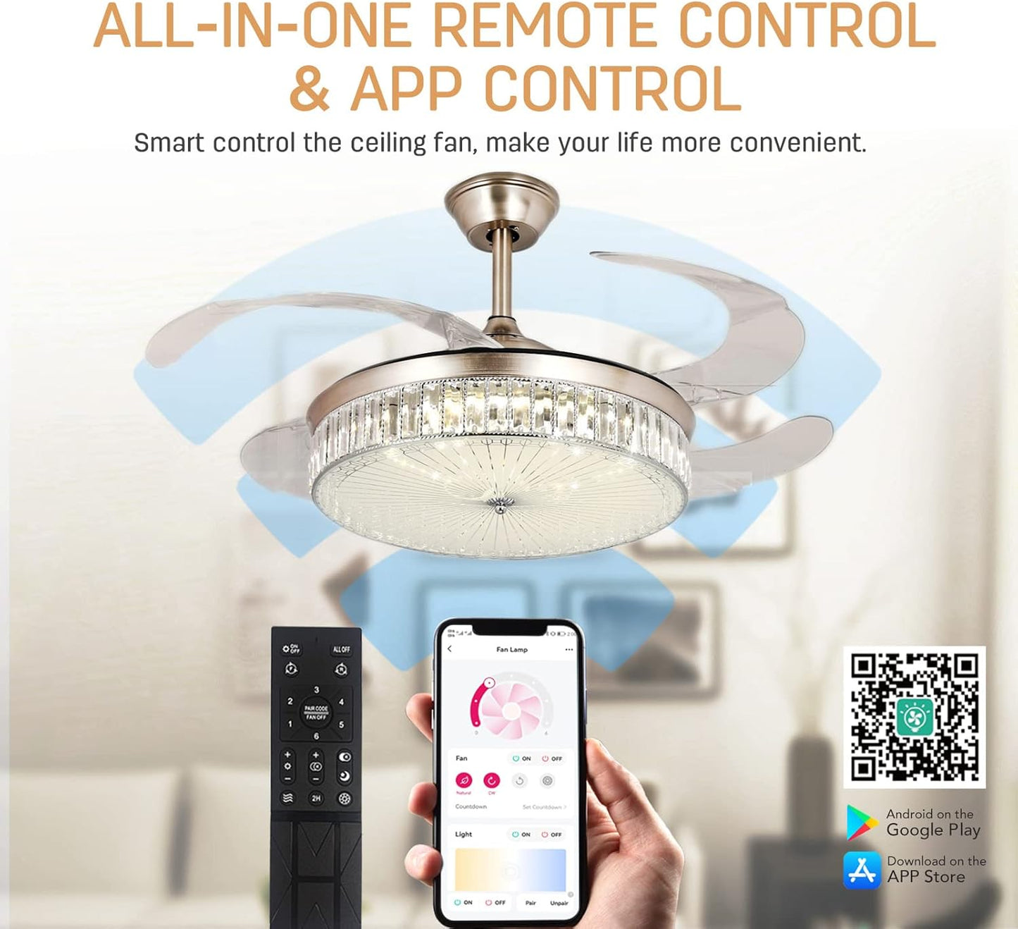 STERREN 42 Inch Crystal Ceiling Fan with Light,Modern Retractable Flush Mount Low Profile Bladeless Chandelier Ceiling Fan with Lights and Remote for Bedroom Living Room Fandelier