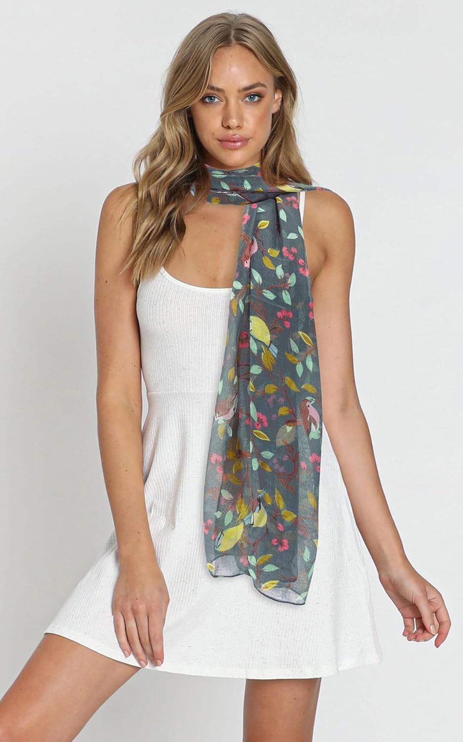 GERINLY Scarfs for Women Lightweight Floral Birds Print Cotton Scarves and Wraps for Spring Shawl Boho Scarf