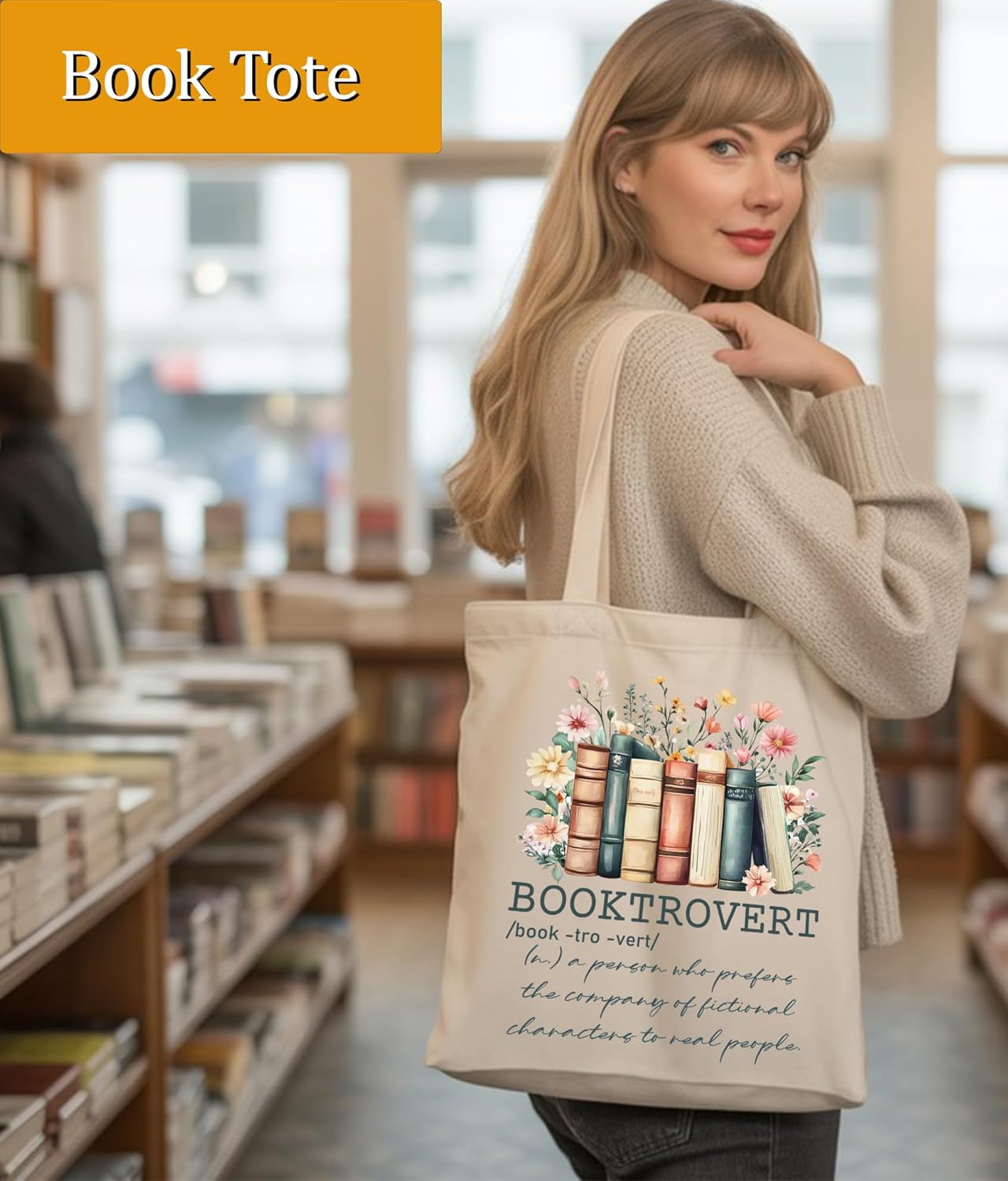 Book Lovers Gifts Tote Bag for Bookish Readers, Aesthetic Book Tote Bag for Librarian, Medium Size with Inner Pocket