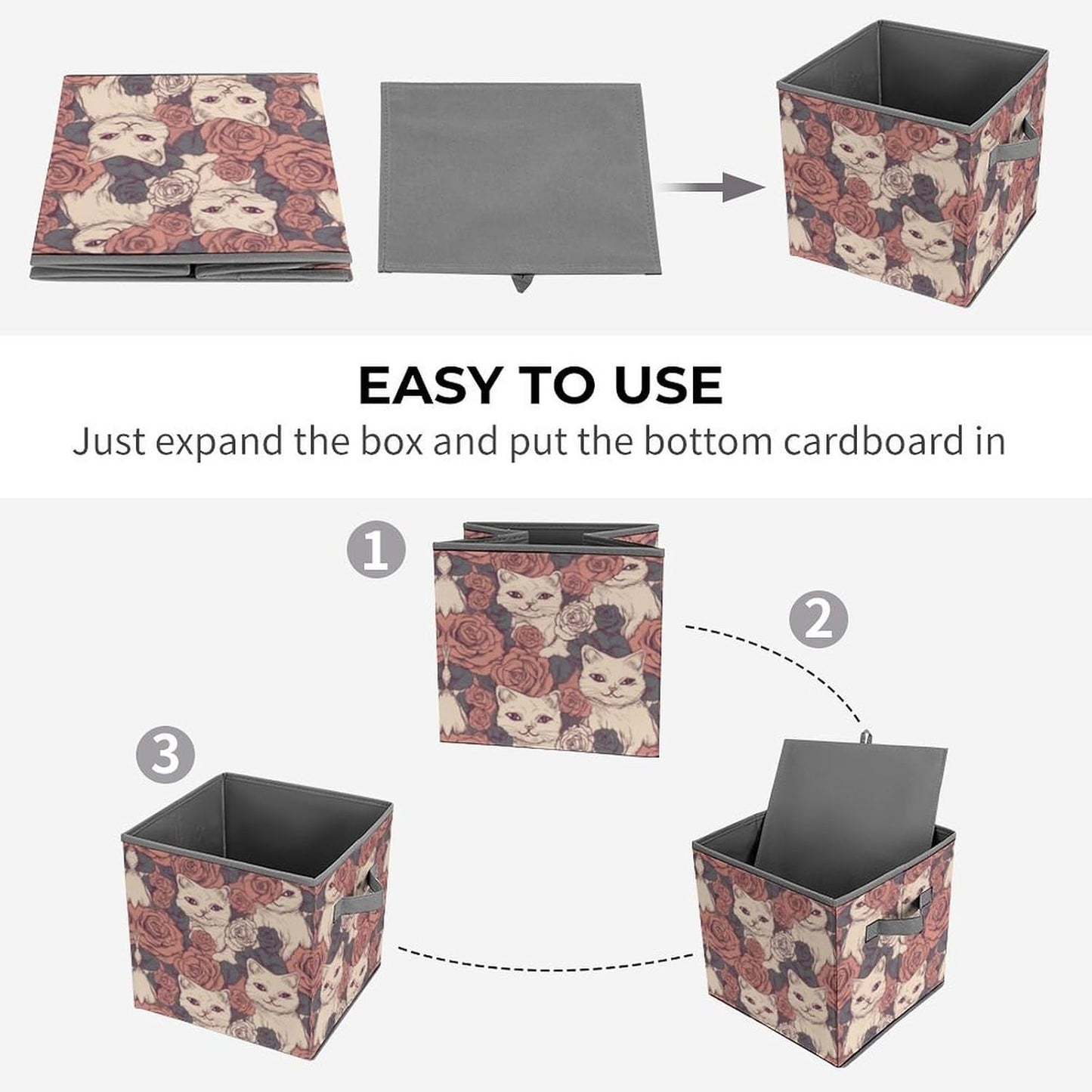 Rose Cat Storage Bins with Handles Fashion Large Storage Cubes Sturdy Foldable Storage Boxes Space-Saving Storage Baskets for Home Office Clothes Closet Organizers