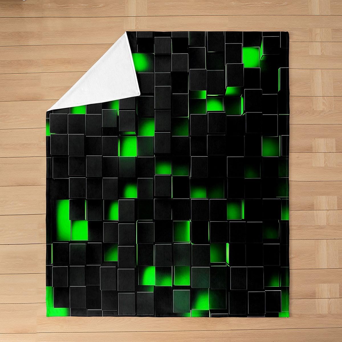 Castle Fairy Neon Green Black Flannel Blankets,Geometric Honeycomb Fleece Blanket,Kids Girls Boys Adult 3D Square Block Fuzzy Blankets Cool Modern Sherpa Blanket Chair Sofa Bed Decor,60"×80"