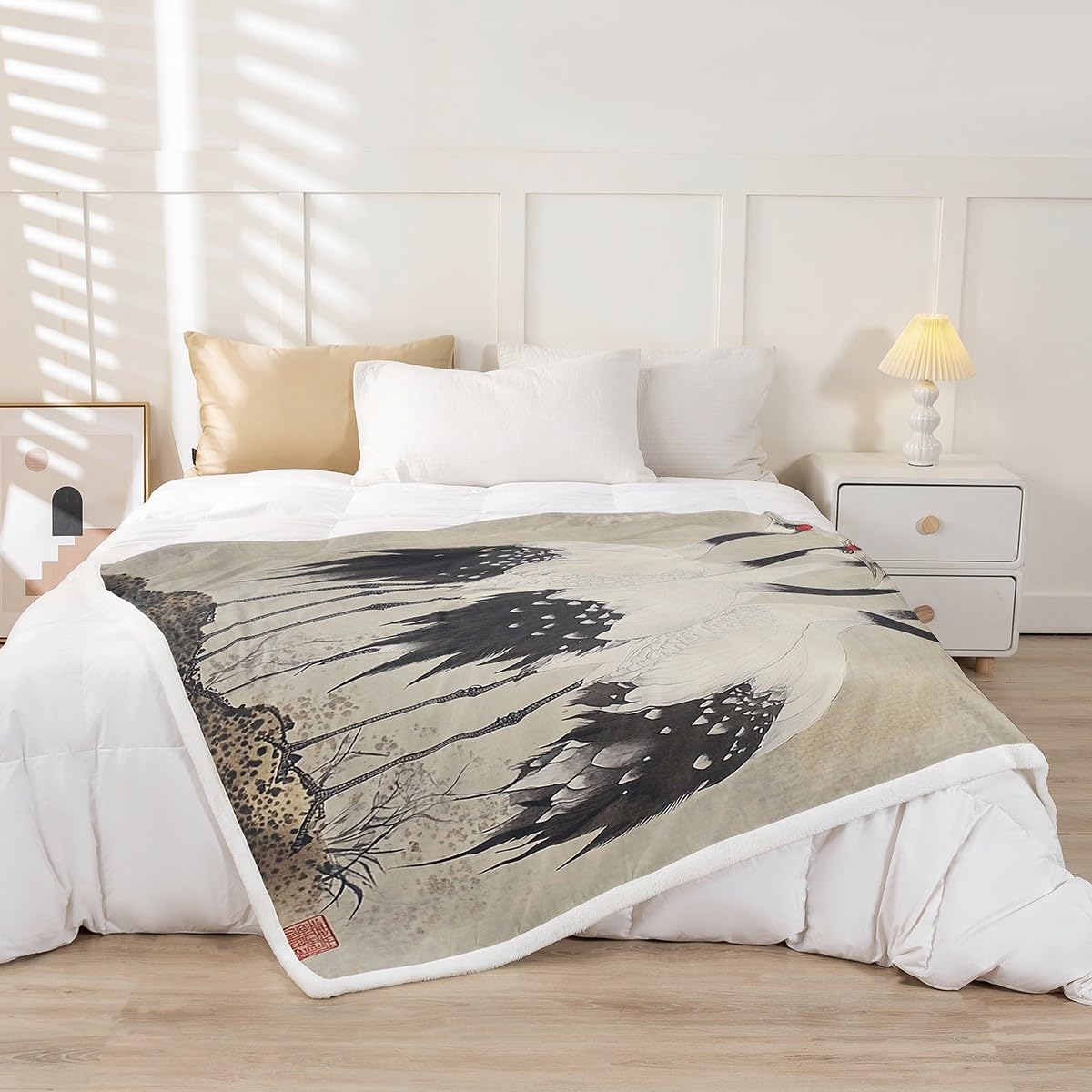 Feelyou Red-Crowned Crane Fleece Throw Blanket Throw 50"x60" Kids Chinese Style Sherpa Blanket for Boys Girls Teens Chinese Oriental Traditional Culture Plush Blanket Fuzzy Blanket Flannal Blanket