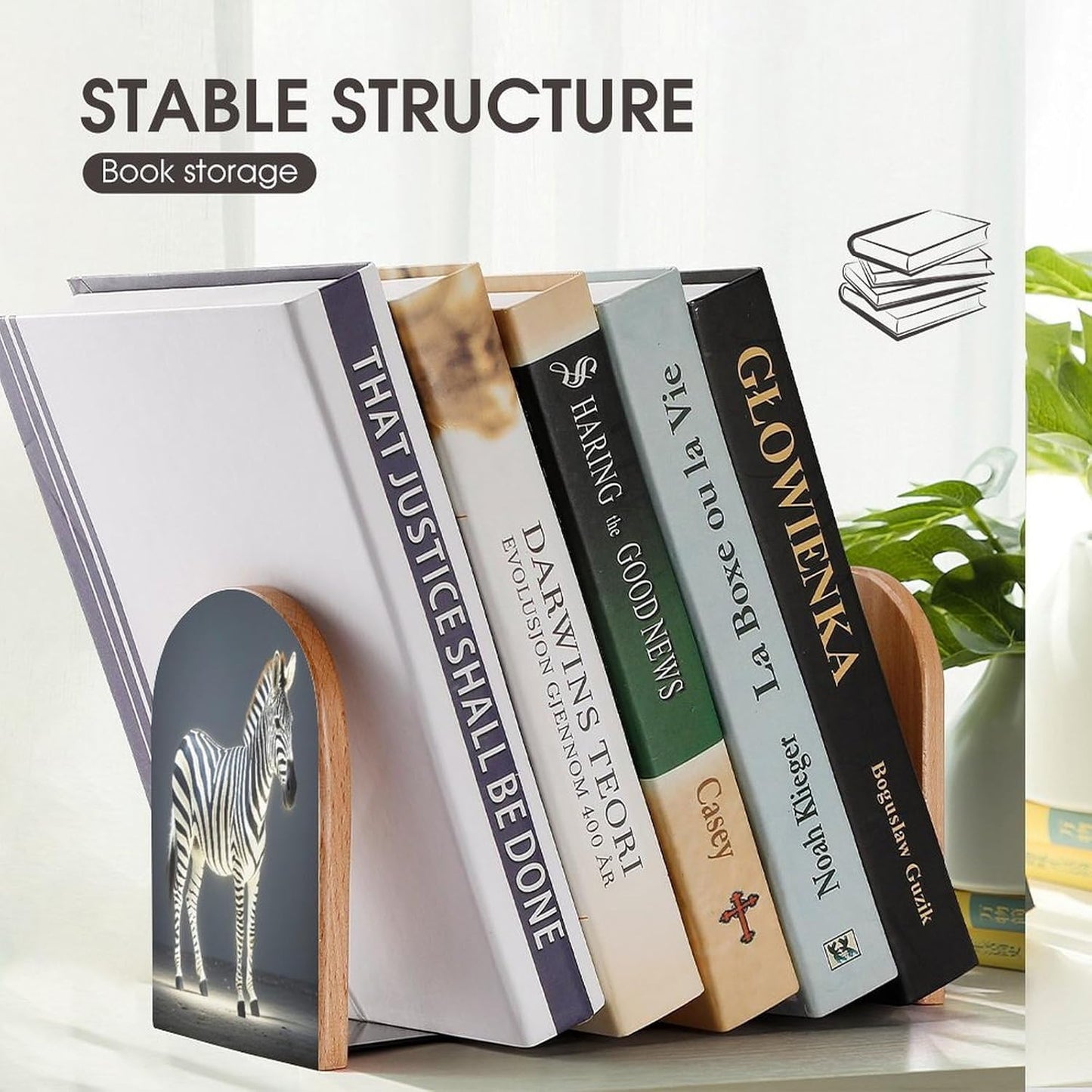 Glowing Zebra Bookends 1 Pair Heavy Duty Book Ends for Shelves Non-Skid Bookend Supports Wooden Book Holders with Metal Base Desk Organizers Books Storage to Hold Books