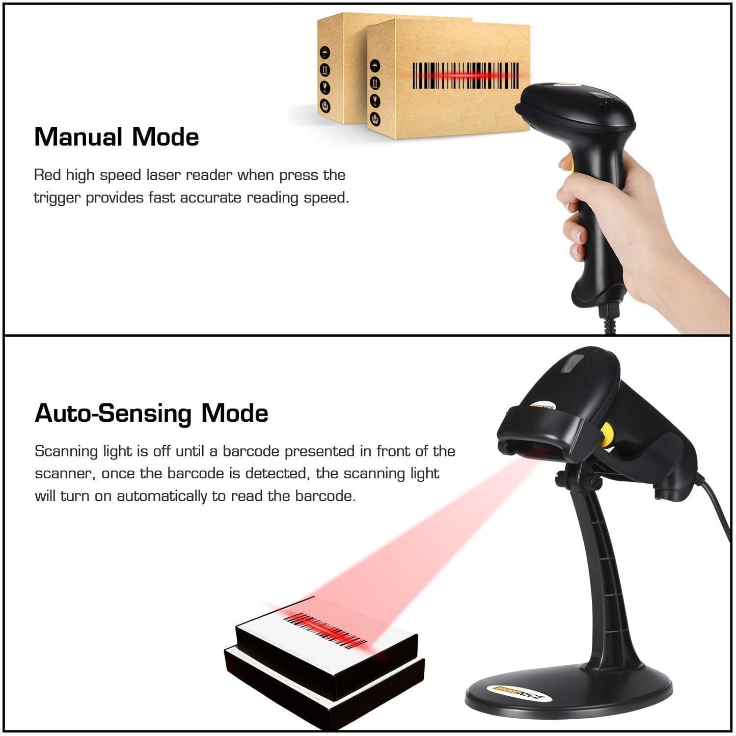 WoneNice Barcode Scanner USB 1D Laser Wired Handheld Bar Code Scanner Reader with Stand, Black