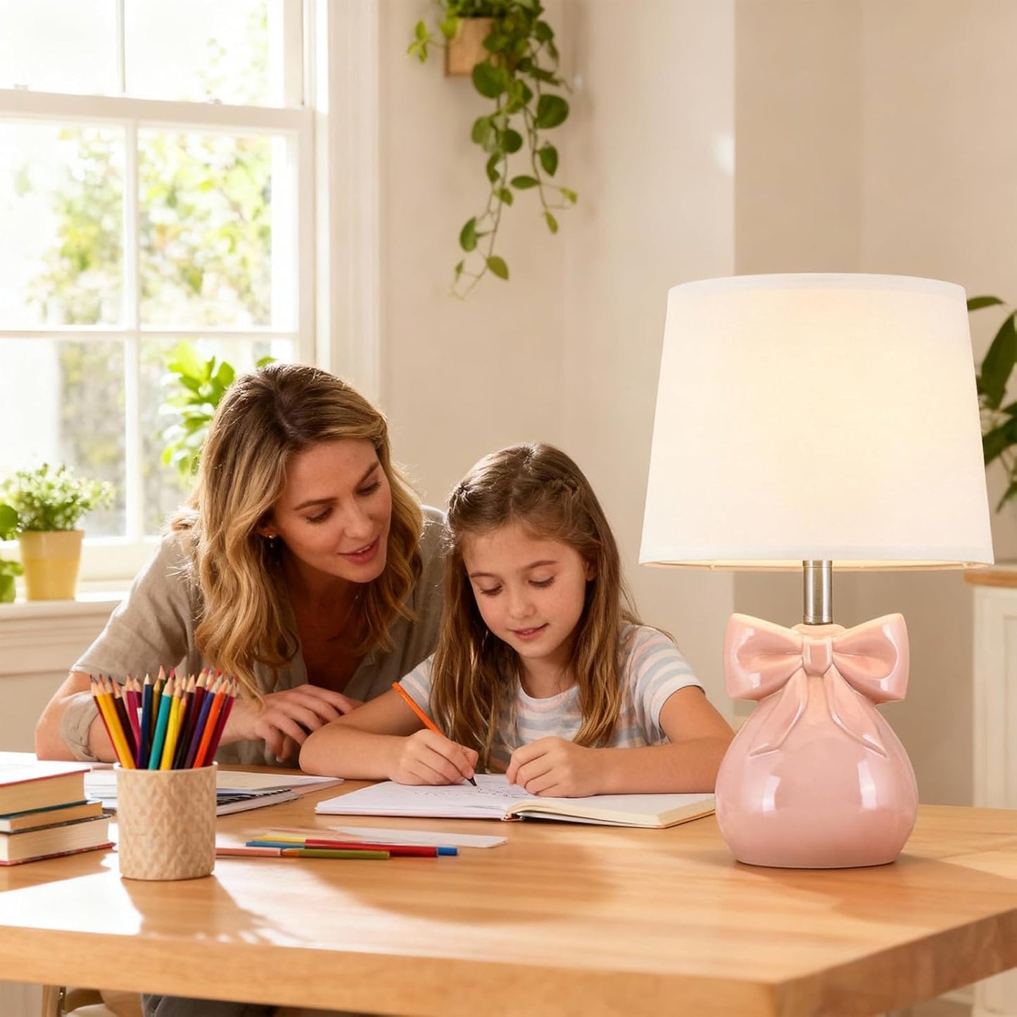 Pink Bow Table Lamp for Girl's Room, 19" Ceramic Cute Lamp for Bedroom, Classic Bedside Lamp for Nightstand, Modern Table Lamp for Living Room with Rotary Swtich (Bulb Included)