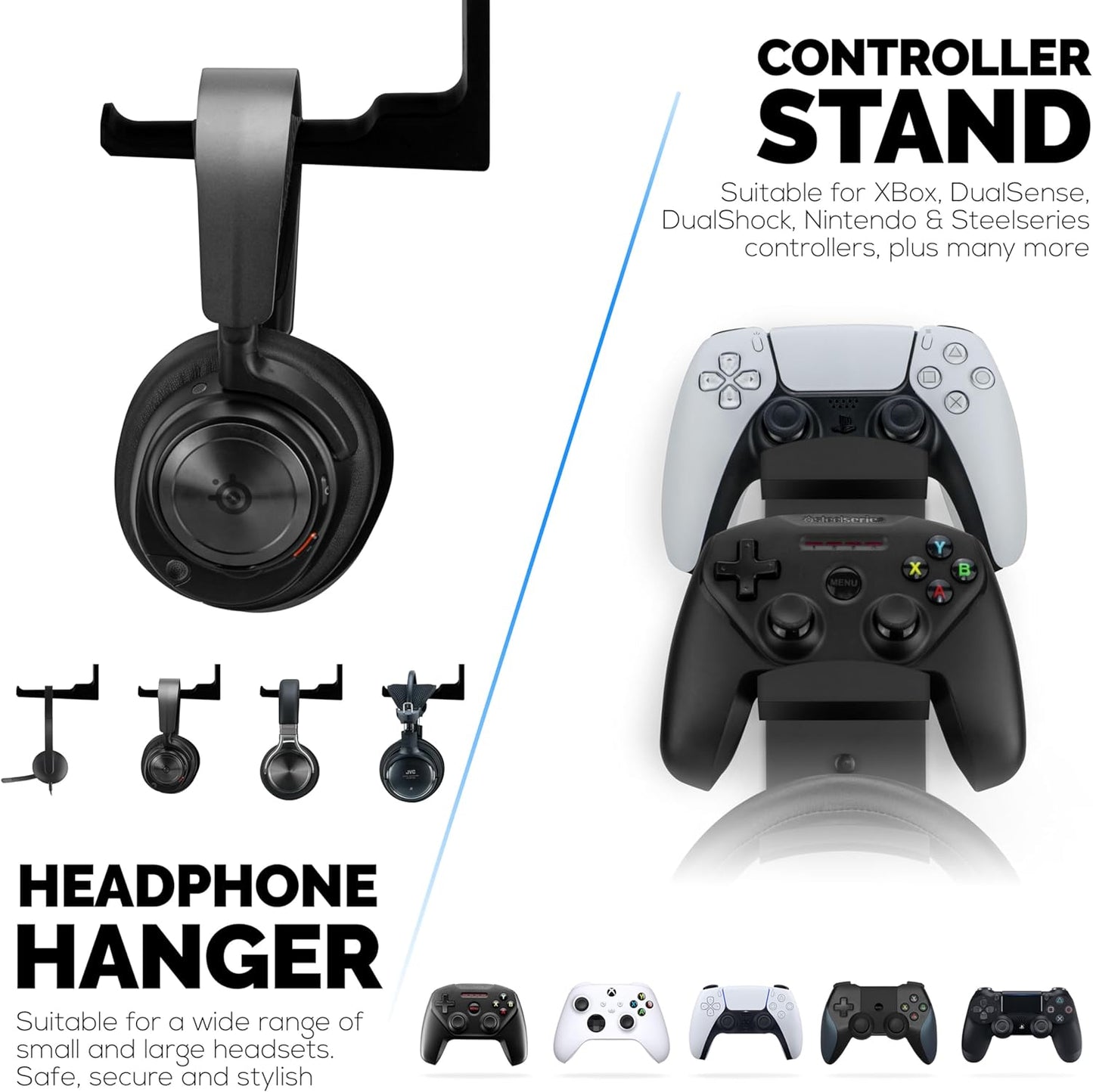 BRAINWAVZ The Behemoth - Dual Game Controller & Headphone Stand Wall Mount Holder - Designed for All Gamepads & Headsets