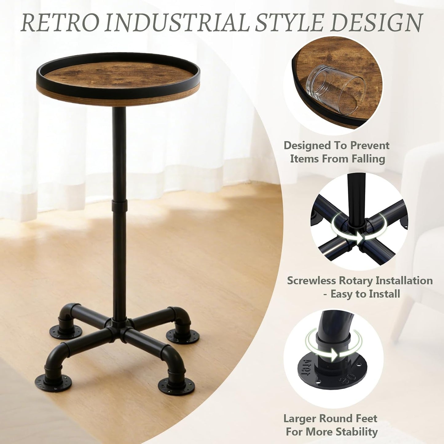 Small Round Side Table for Small Spaces, Pedestal Drink Table with Non-Slip Feet, Martini Table No-Tool Assembly for Living Room, Bedroom, Narrow Corners, Sofa, Bathroom