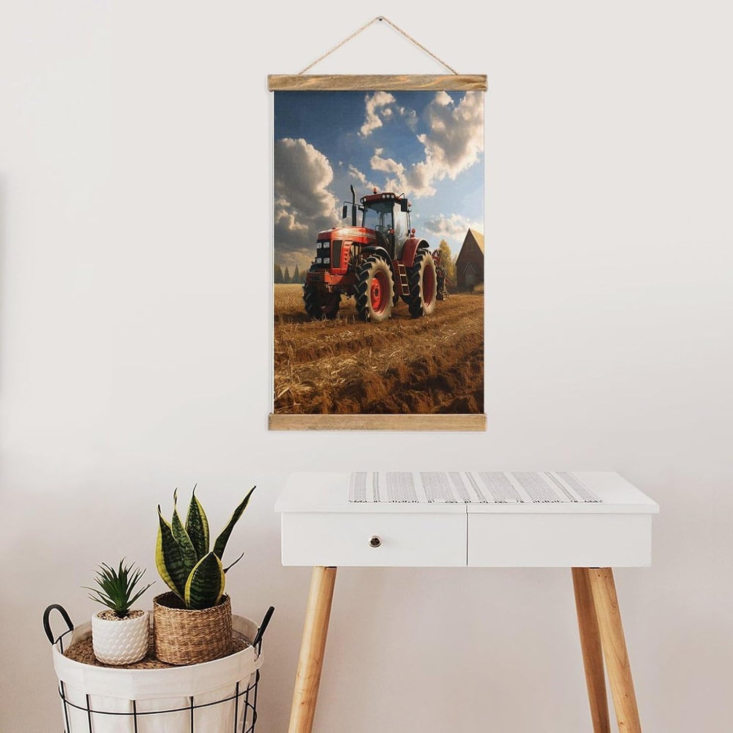 Vintage Fantasy Farm Tractor Poster with Wooden Frame Personalized Linen Hanging Scroll Painting Rustic Wall Hanging Illustrative Modern Artwork Decor for Home Living Room Bedroom Office