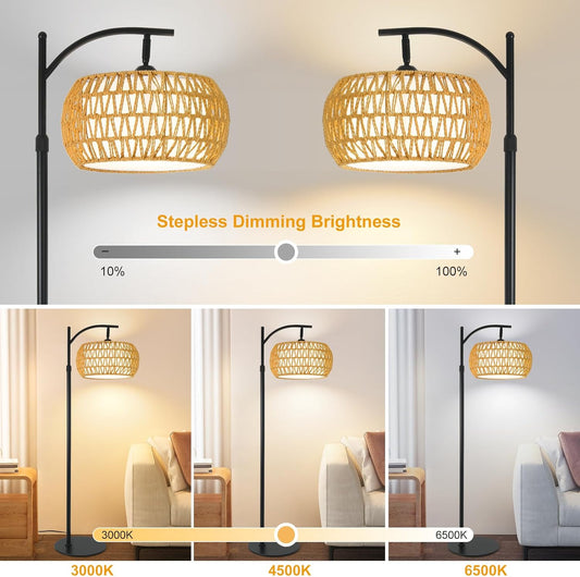 Boho Rattan Floor Lamp with Shade – 12W Bright Dimmable LED Bulb, Remote Control 3 Color Temperatures, Modern Farmhouse Handwoven Arc Standing Light for Living Room Bedroom