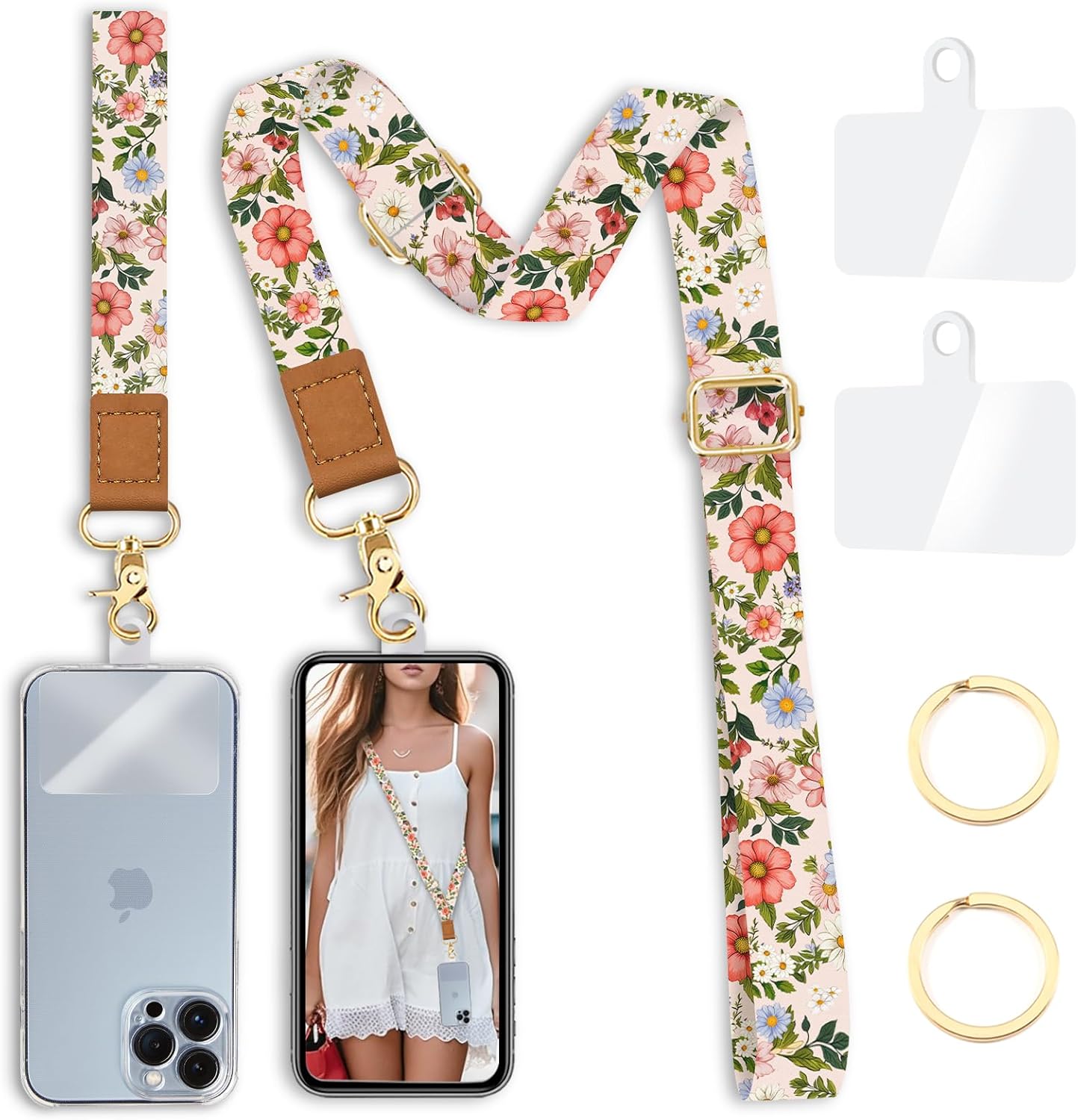 Flower Phone Lanyard Crossbody Strap, Floral Cell Phone Lanyards for around the Neck Wristlet Wrist Strap Adjustable for Keys Case Accessories Travel Essentials