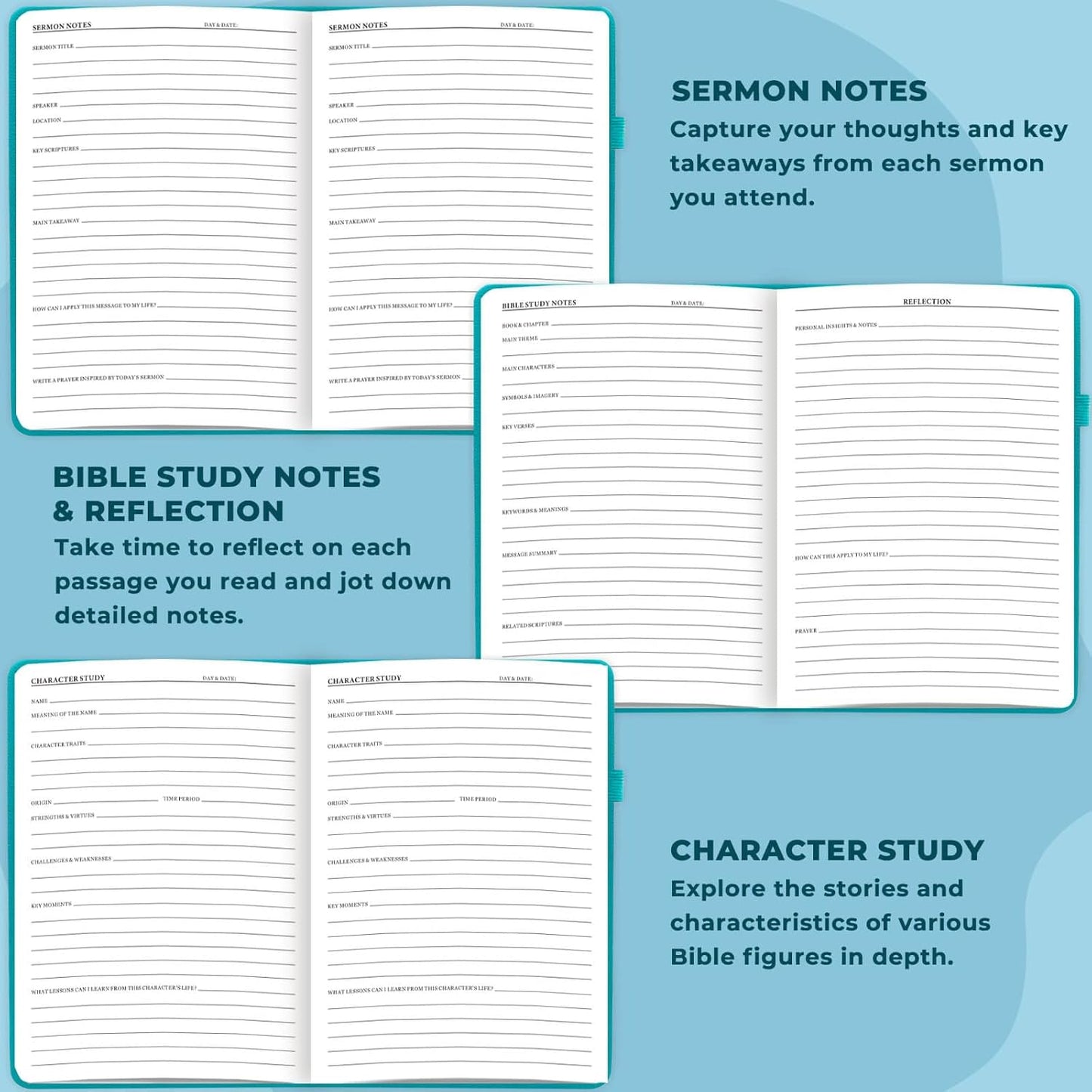 Bible Study Journal - Church Notes Notebook for Note Taking & Reflection - Guided Bible Study Notebook - Faith-Based Religious Gifts & Bible Study Supplies (Aquamarine)