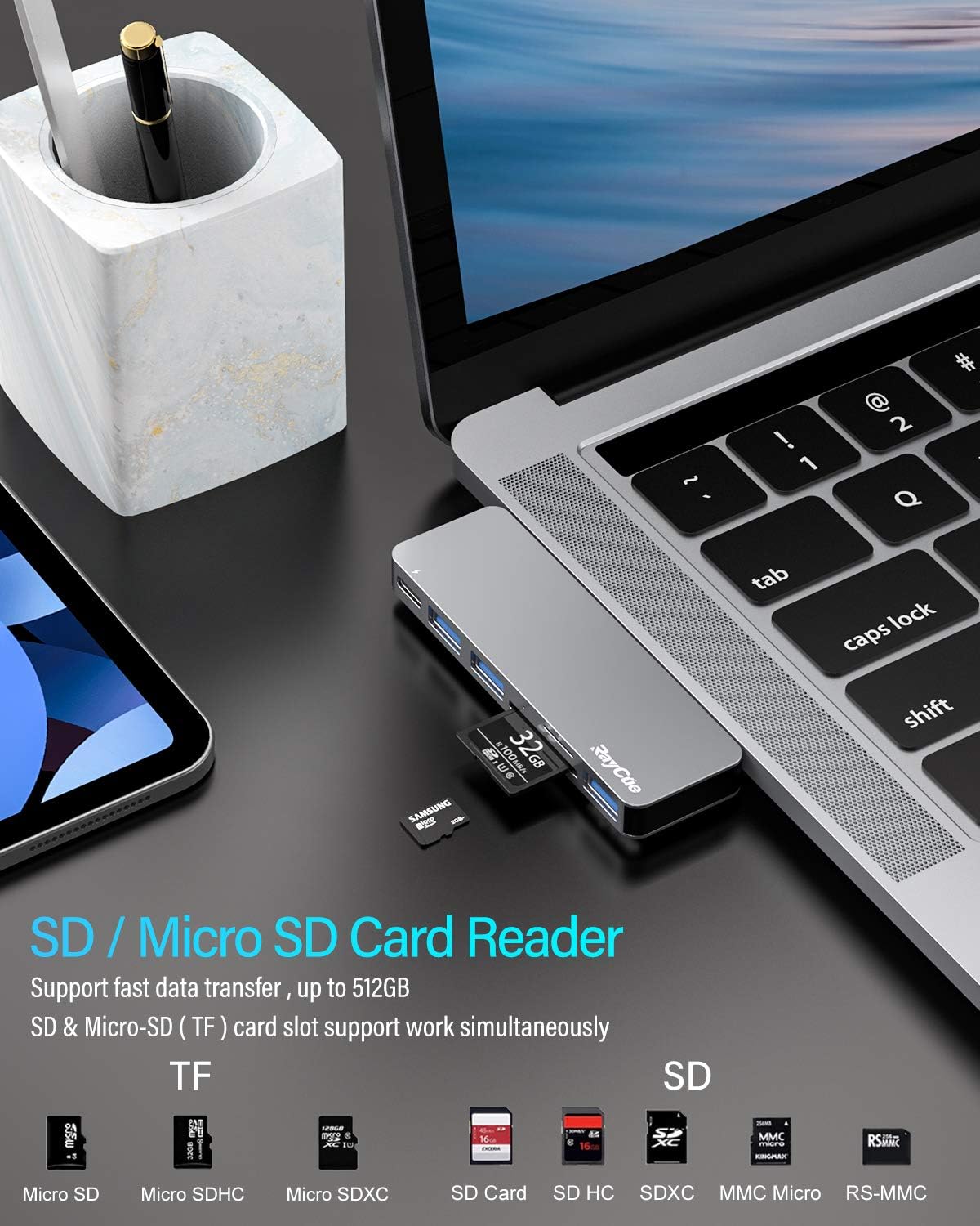 RayCue USB C Adapter for MacBook Pro/MacBook Air M1 M2 M3 2023 2022 2021 13" 15" 16",6 in 1 USB-C Hub MacBook Pro Accessories with 3 USB 3.0 Ports, USB C to SD/TF Card Reader and Thunderbolt 3 PD Port