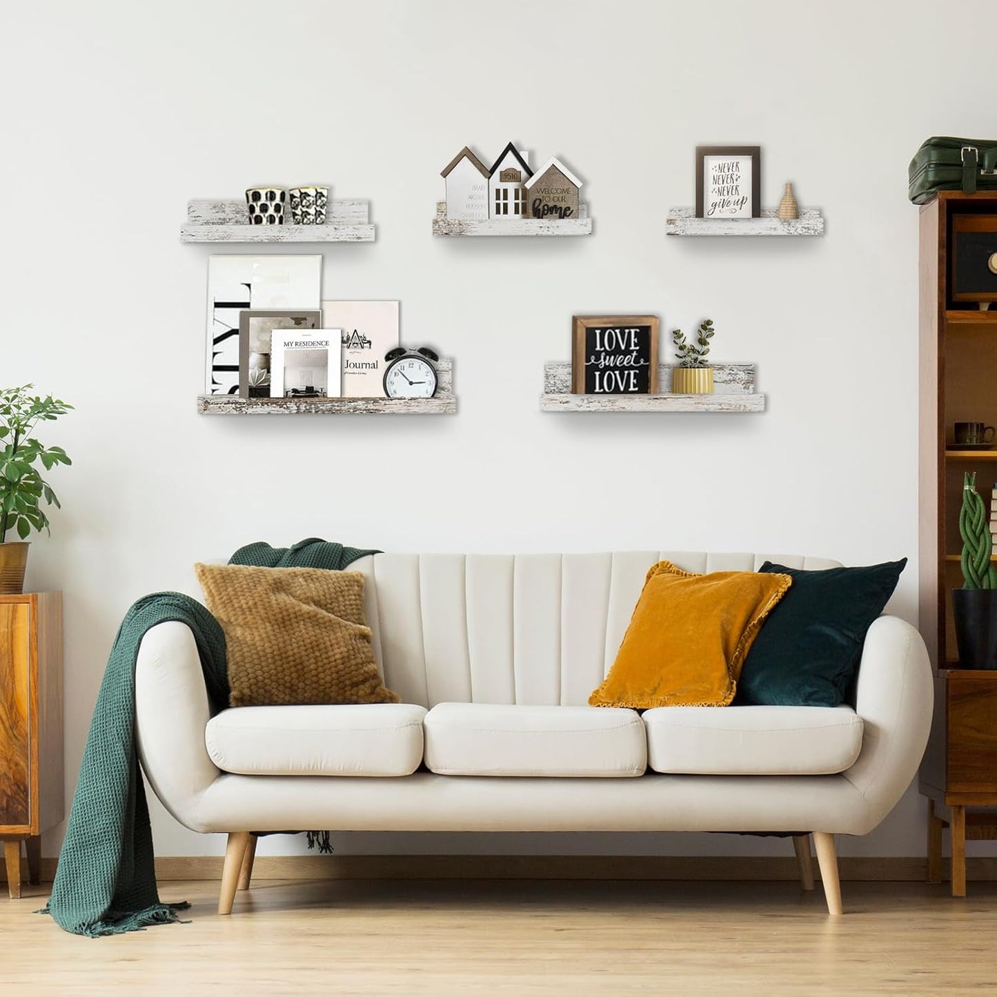 Rustic Shelves Wall-Mounted Distressed White - Farmhouse Wall Shelves 15.8 inch Wood Wall Decor Decorative Small Floating Ledge Shelf for Bedroom Living Room