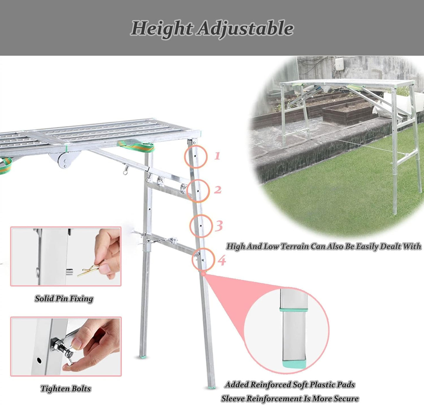 Scaffolding Equipment, Step Ladders, Portable Multipurpose Folding Scaffolding Work Platform Scaffold Tower Ladder Stool Bench Adjustable Height, Galvanized Steel Welding, 800 Lbs Maximum Load
