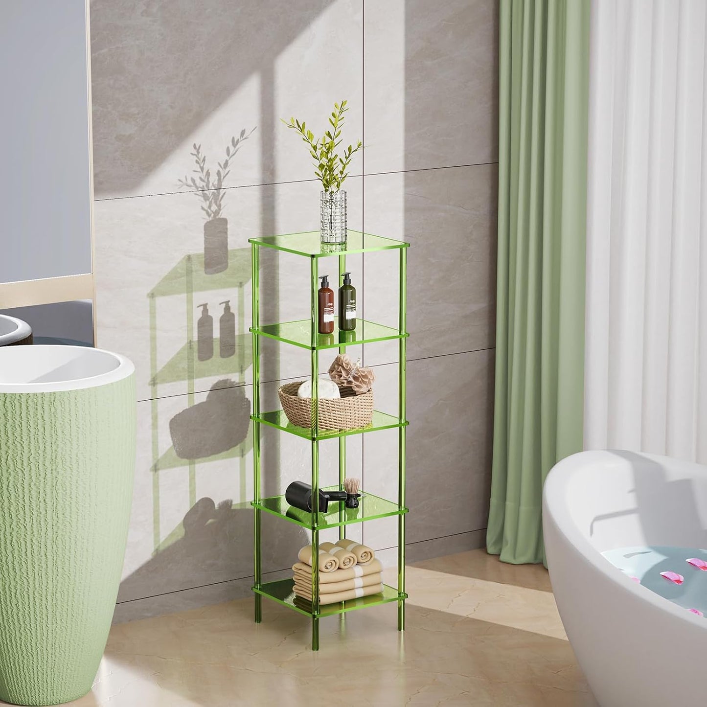 Acrylic Bookshelf, Small Bookcase, Standing Freestanding Corner Storage Shelves Display Shelf for Living Room, Bedroom (Green, 5 Tier)