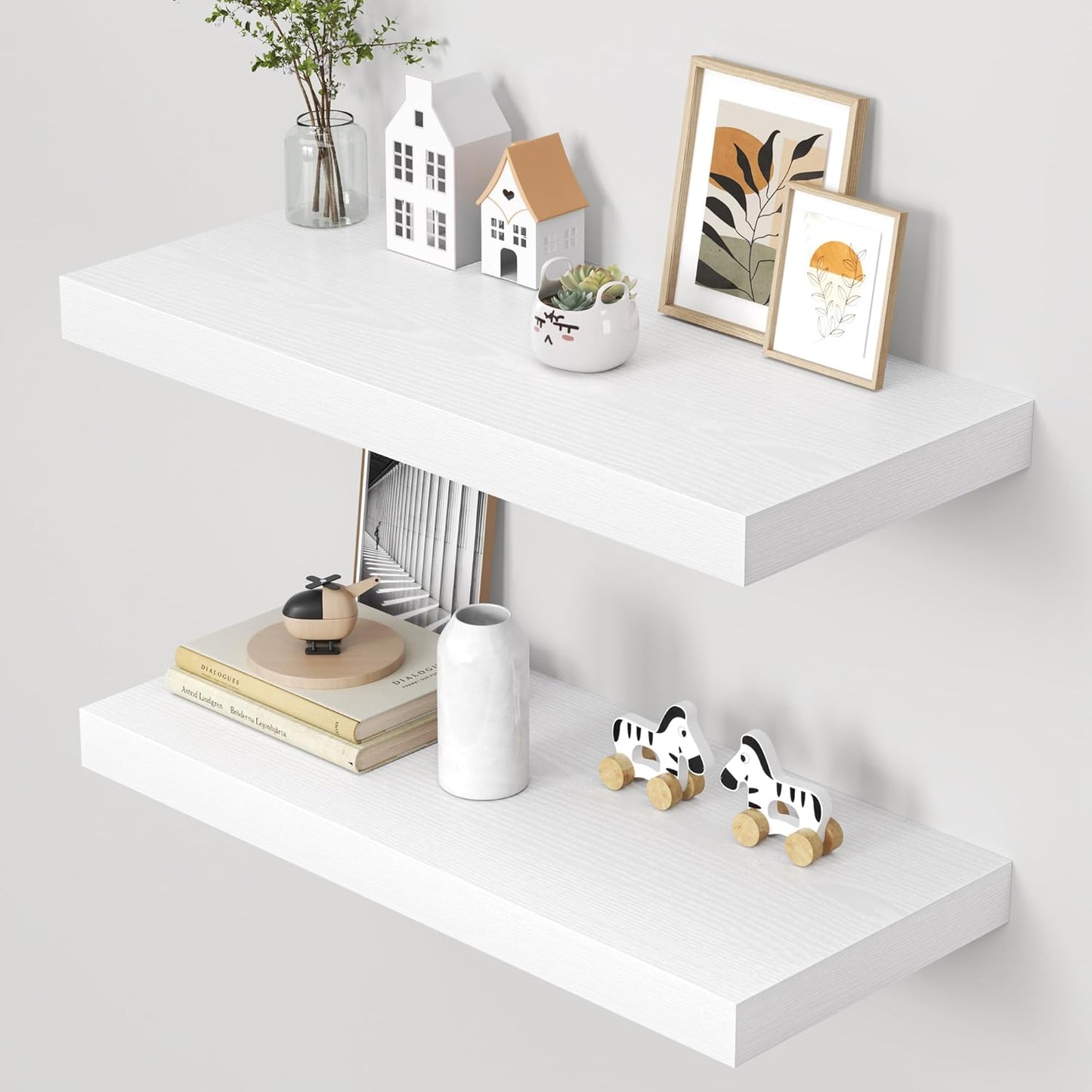 Dreamland 32" Floating Shelves for Wall, 12" Deep Thicker White Floating Shelves, Wall-Mounted Shelves for Bedroom, Living Room, Kitchen, Bathroom - Set of 2