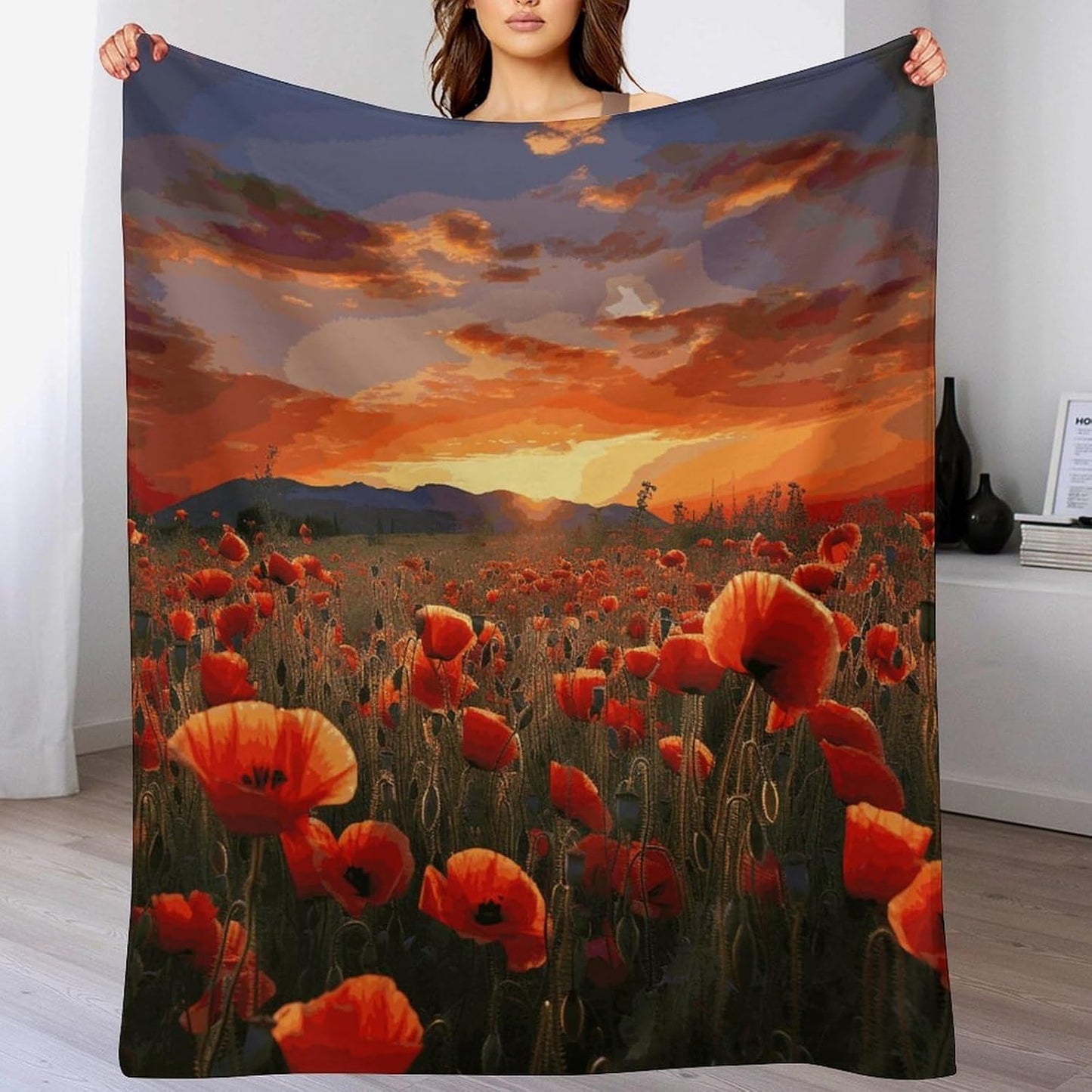 Red Poppy Flower Field in Sunset Blanket Super Soft Lightweight Throw Blanket Cute Cozy Warm Bed Blanket Decorative Fuzzy Blanket All-Season Home Decor Gift for Sofa Couch Living Room 40"*50" （100*130