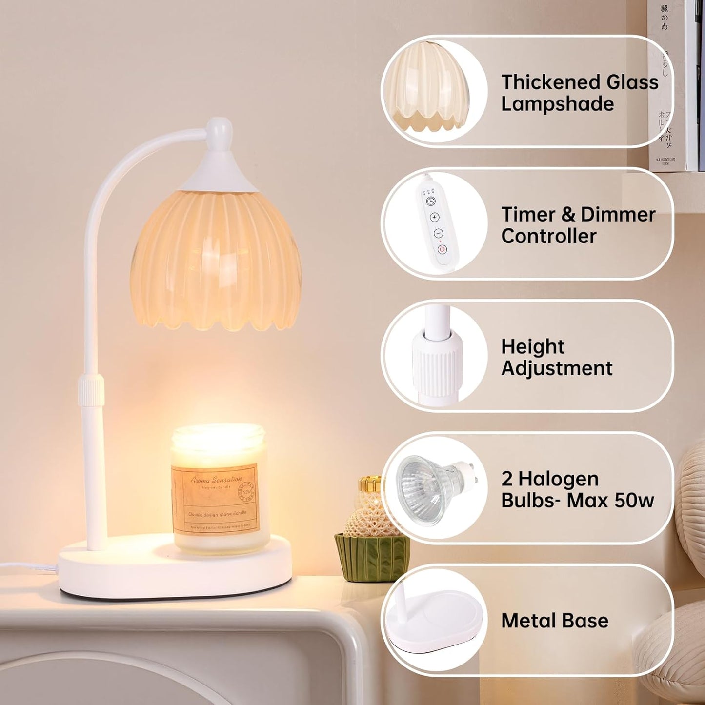 Creamy Yellow Tulip Wax Melt Warmer with Timer, Dimmable & Height Adjustable, Ideal for Jar Candles, Perfect Home Decor for Bedroom, Living Room, Office, Great Gifts for Women (2 Bulbs Included)