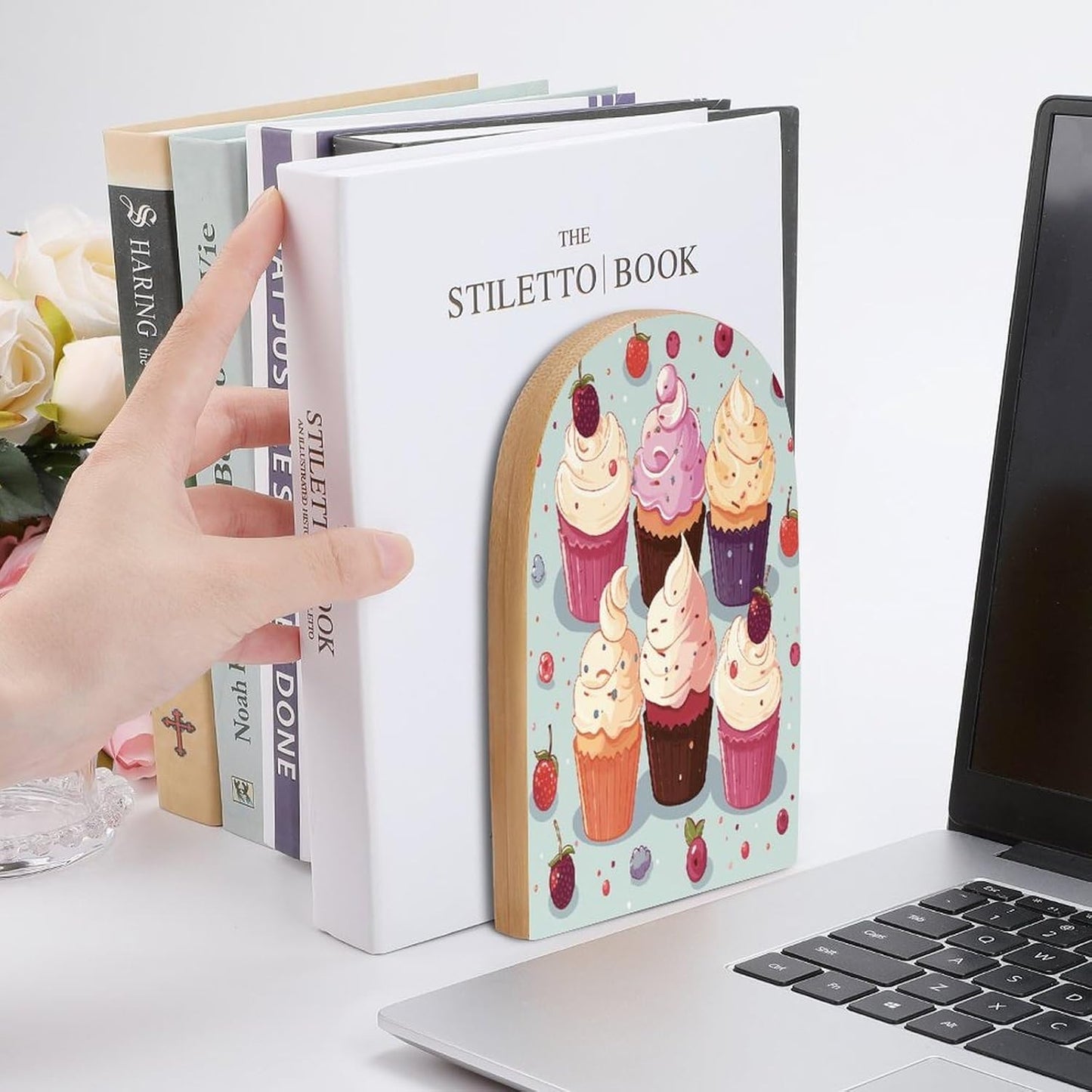 Delicious Cupcakes Bookend for Shelves Wooden Book End Large Size Sturdy Book Holders Stoppers with Metal Base for Bookshelves Slick Decorative Bookends Stands