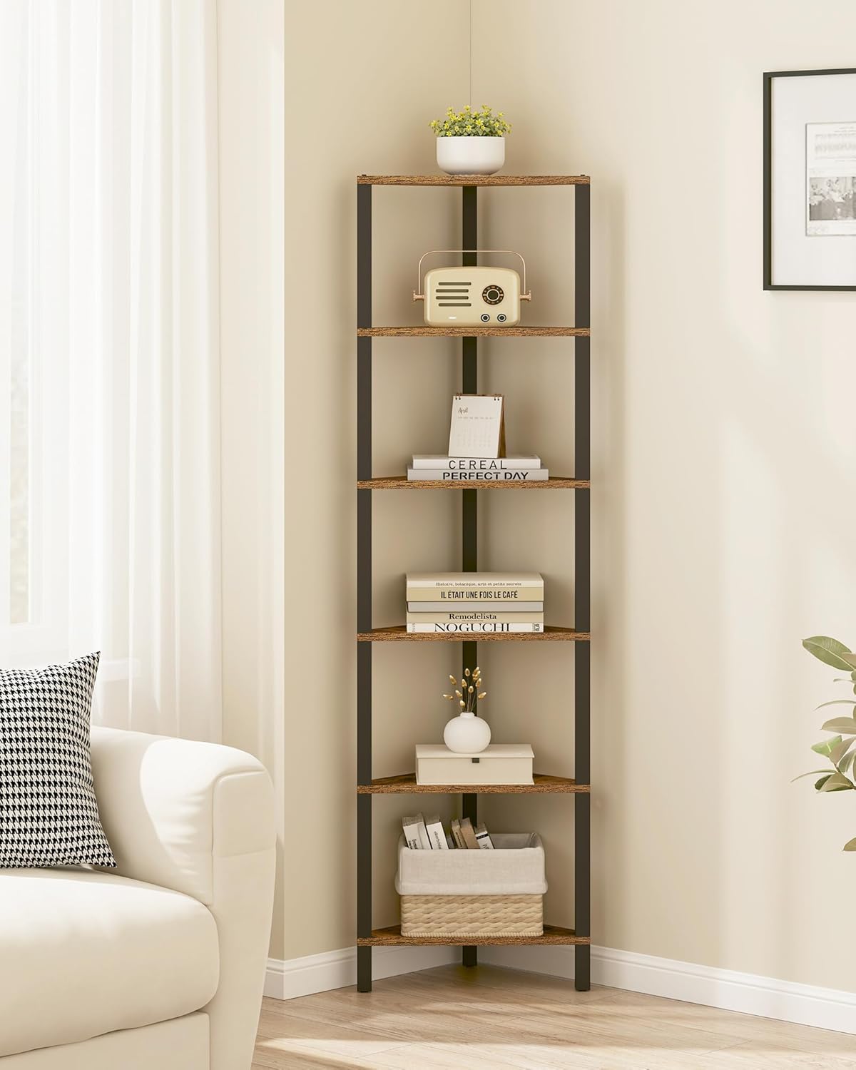 TUTOTAK Corner Shelf, 6-Tier Corner Bookshelf for Small Space, Narrow Display Corner Shelf Stand with Storage Rack, for Living Room, Bedroom, Rustic Brown BS05BB006