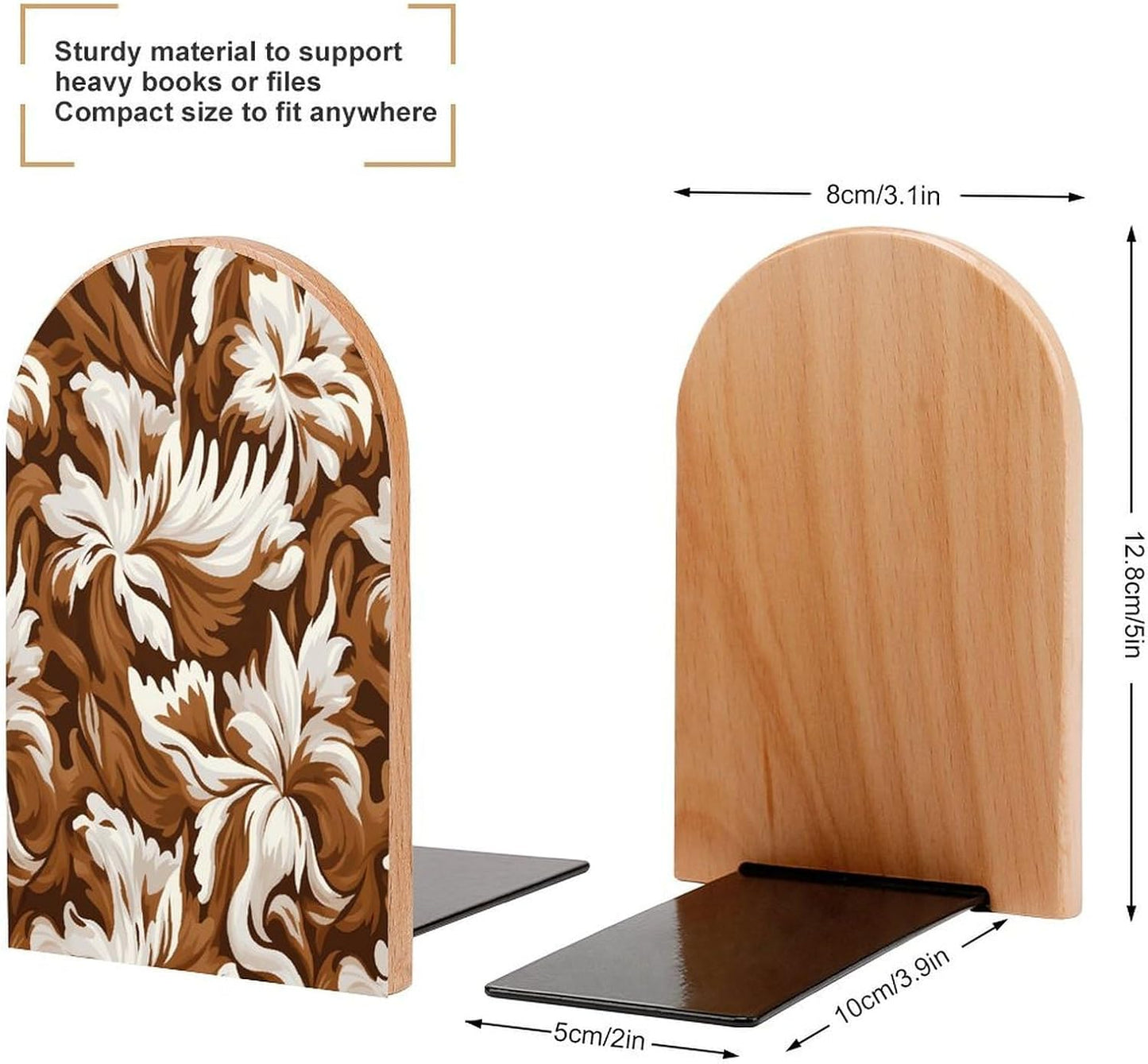 Brown and White Pattern Bookends 1 Pair Heavy Duty Book Ends for Shelves Non-Skid Bookend Supports Wooden Book Holders with Metal Base Desk Organizers Books Storage to Hold Books