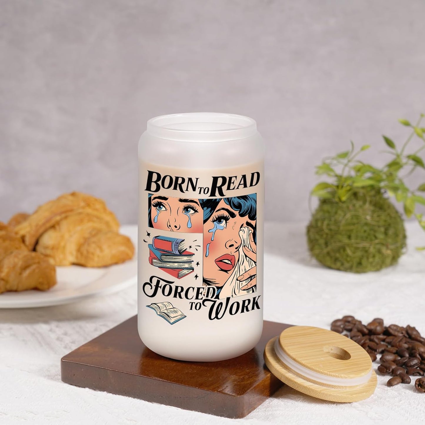 LEADO 16 oz Born to Read Glass Cup - Gifts for Book Lovers Women, Romance Readers - Birthday, Mothers Day, Book Lover Gifts for Women Unique - Reading Accessories, Bookish Ice Coffee Cup for Bookworm