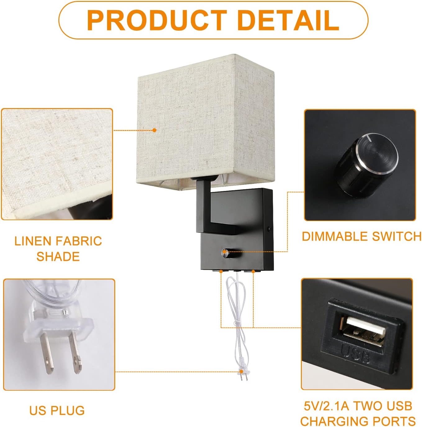 Bedside Wall Mount Light with Dimmer Switch and Two USB Charging Port, Fabric Linen Shade Wall Sconces Light with Plug in Cord, Black Wall Lamp Perfect for Bedroom, Living Room and Hotel