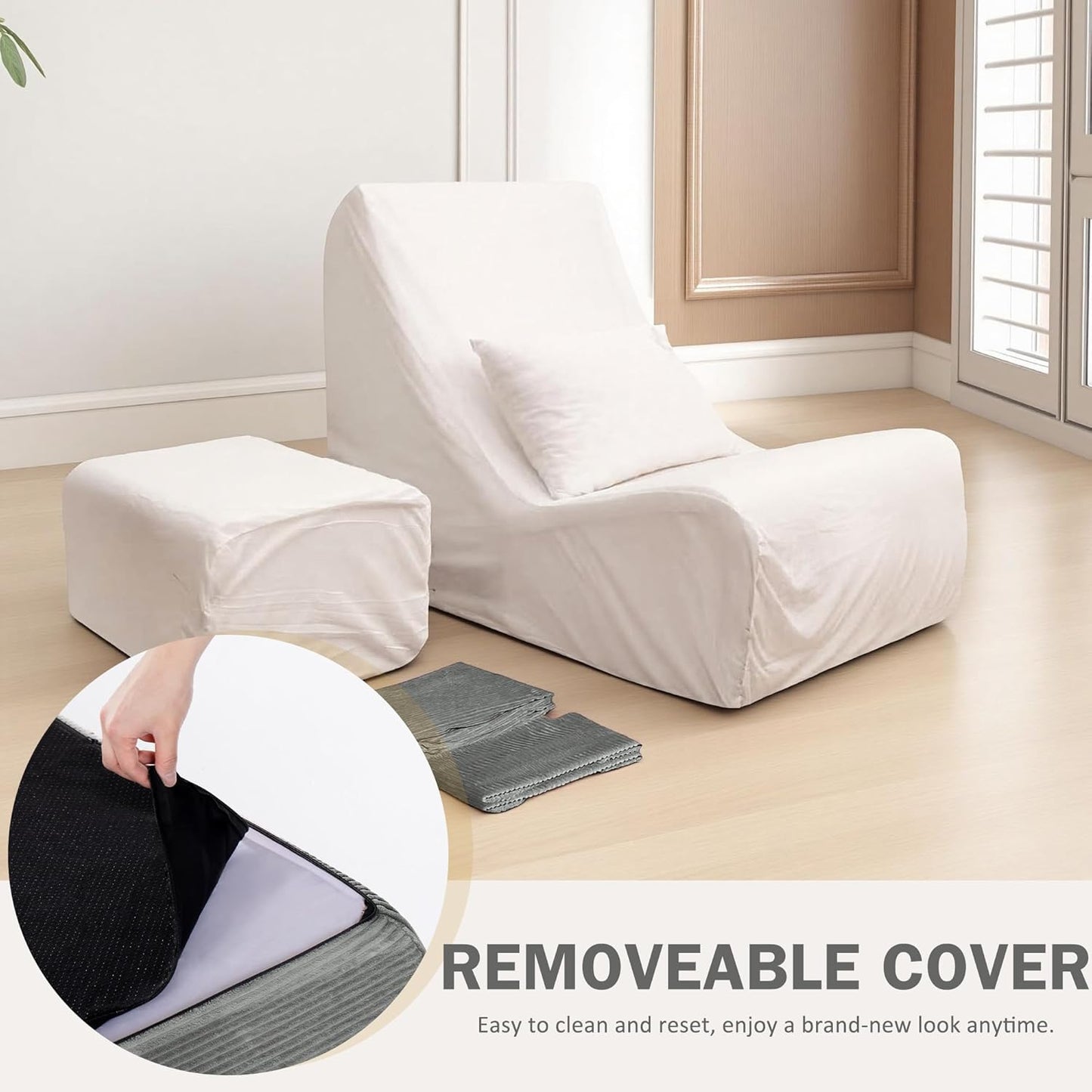 Trenda Chaise Longue Chair with Ottoman, Boneless Accent Recliner Chair with Washable Cover, Adjustable Neck Pillow, Comfy Floor Chair for Living Room, Bedroom, Small Space.