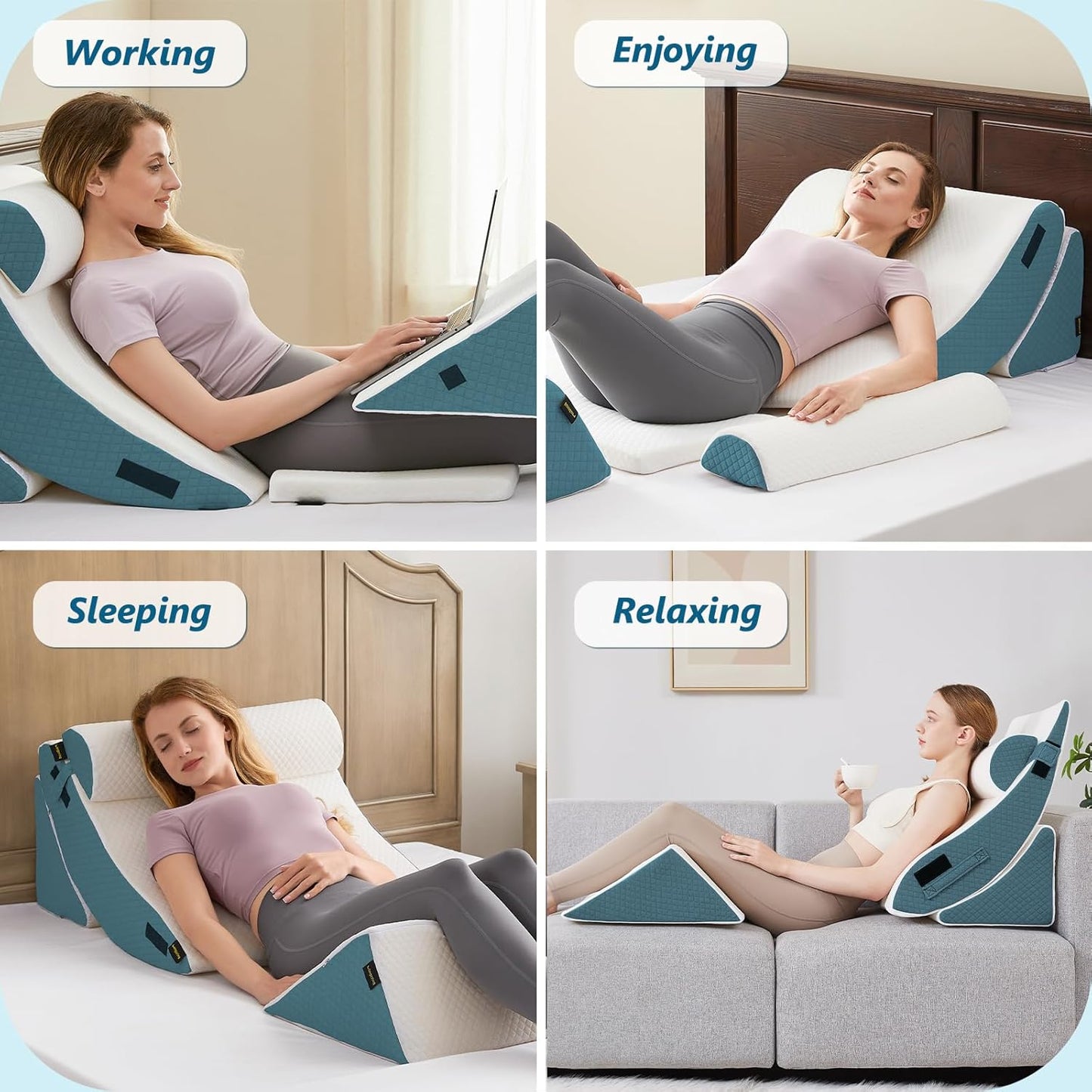 6PCS Orthopedic Bed Wedge Pillow Set for Sleeping - Adjustable Post Surgery Pillow Set for Back Neck Leg Support - Wedge Pillow for After Surgery Snoring & Acid Reflux (White Blue)