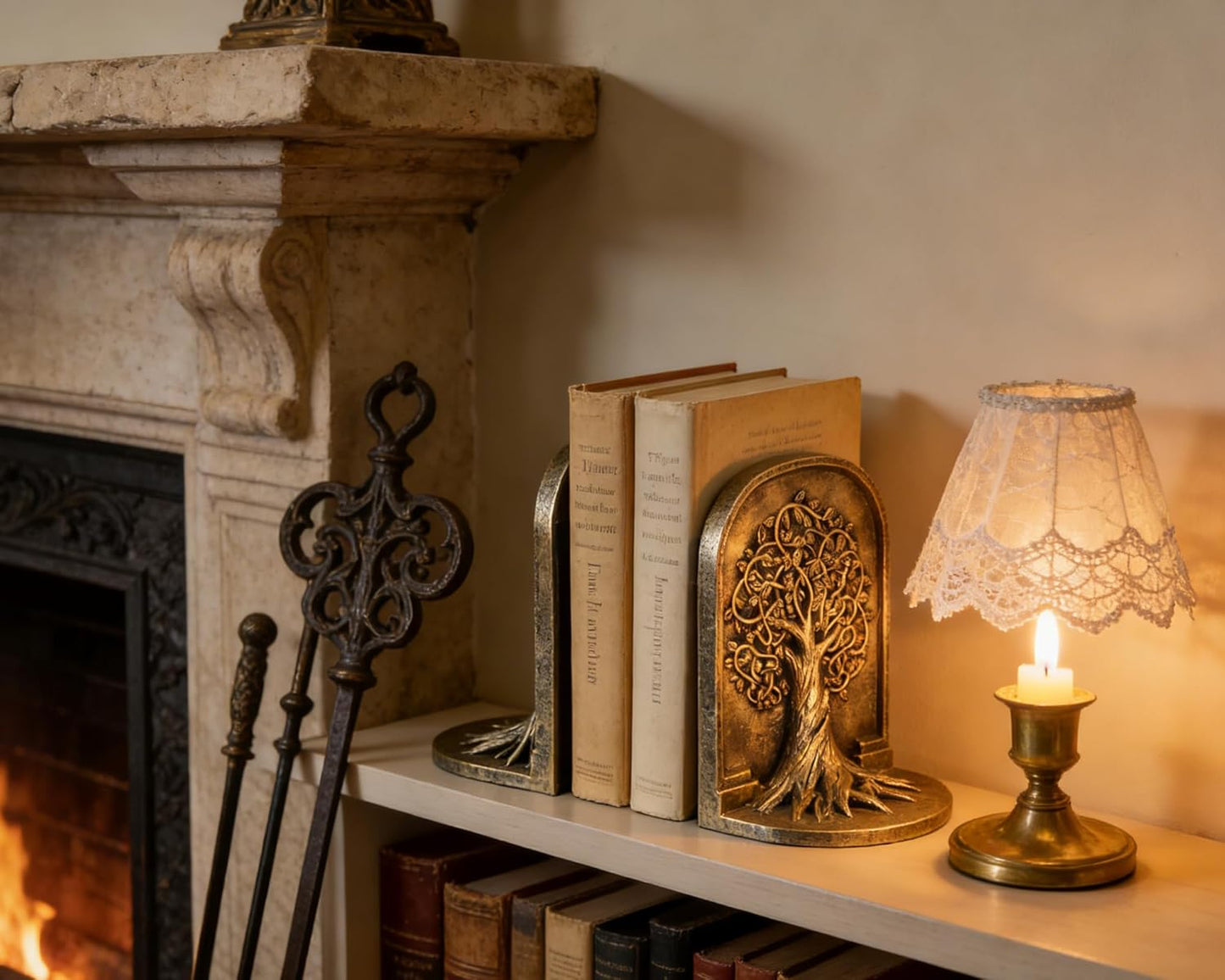 Tree of Life 3D Bookends with Intricate Details, Solid Resin Construction Non-Slip Design, Antique Gold Decor for Home Library, Office