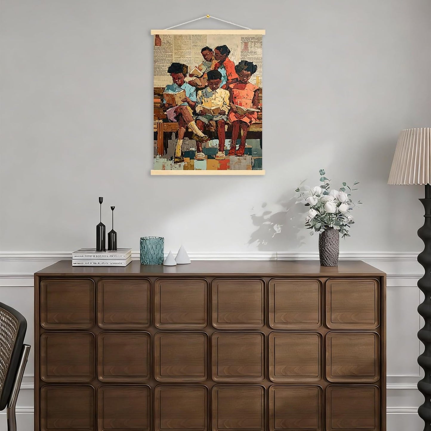A Group of Black People Reading Books on a Bench Poster Prints Office Bathroom Room Decor Wall Art Aesthetic Canvas Paintings Frame-Style 12x16inch