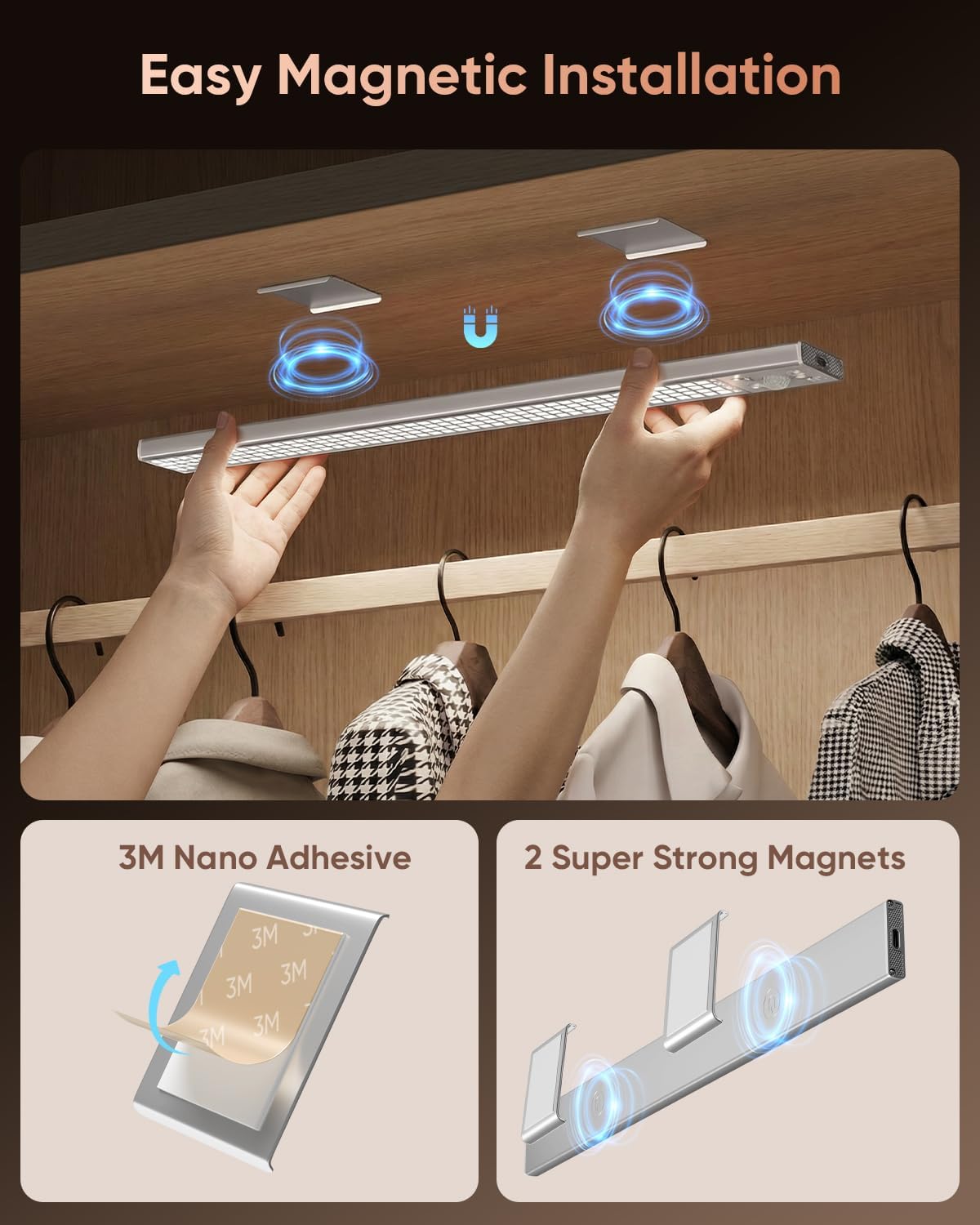 12inch Under Cabinet Lighting, 152LED Motion Sensor Light Indoor, Rechargeable Closet Lights, 3 Color Temps, Dimmable, Magnetic Wireless Under Counter Lights for Kitchen, Stairs, Pantry, 1 Pack