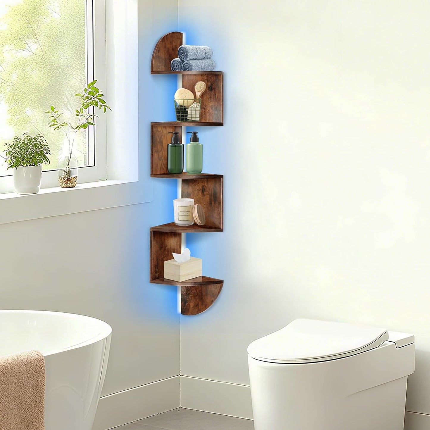 Corner Shelf, 5 Tier Corner Shelf Wall Mounted with Light, Corner Floating Shelves, Corner Bookshelf Stand for Bedroom, Bathroom, Living Room, Kitchen, Home (Rustic Brown)