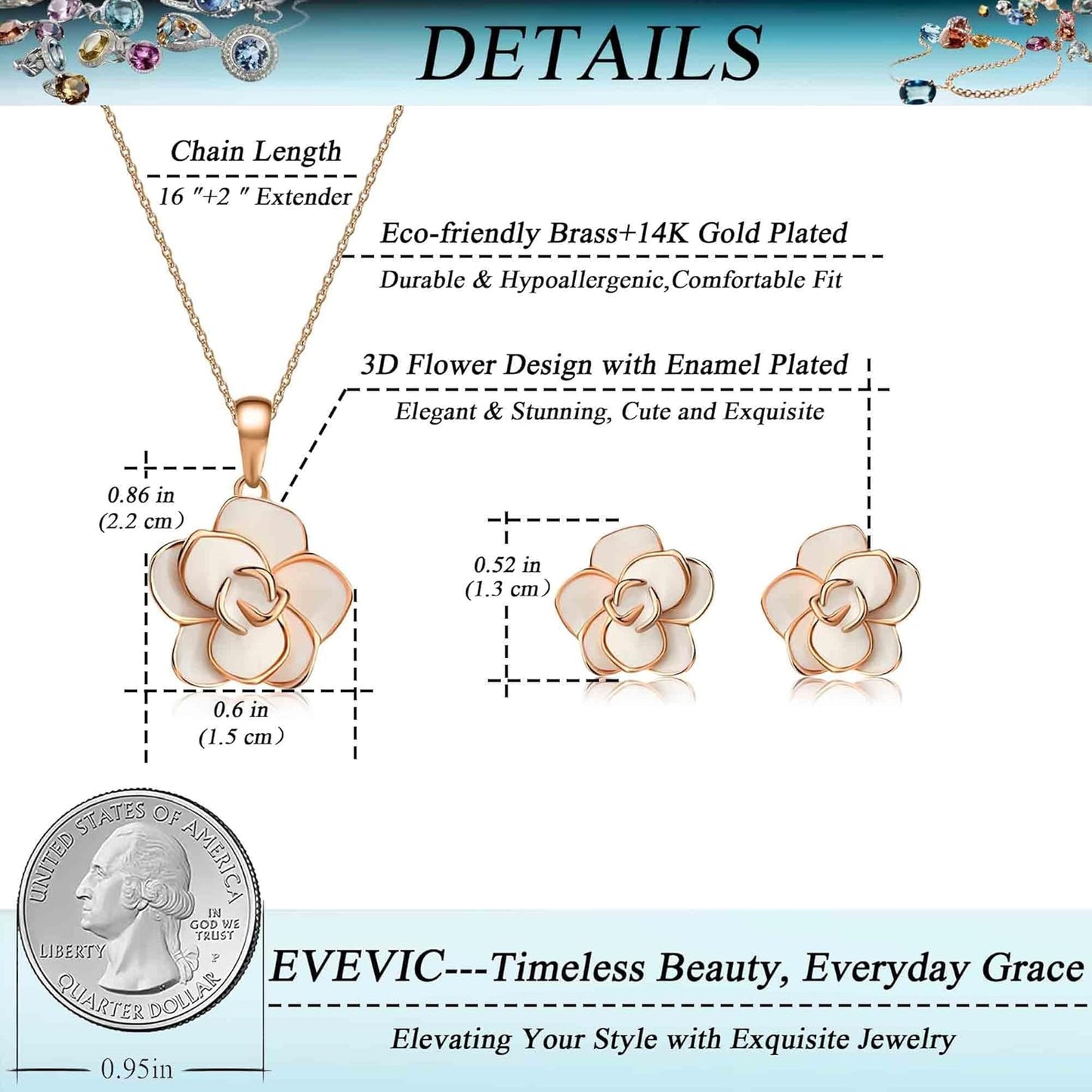 EVEVIC Rose Flower Necklace Earrings Set for Women 18K Gold Plated Hypoallergenic Jewelry Sets
