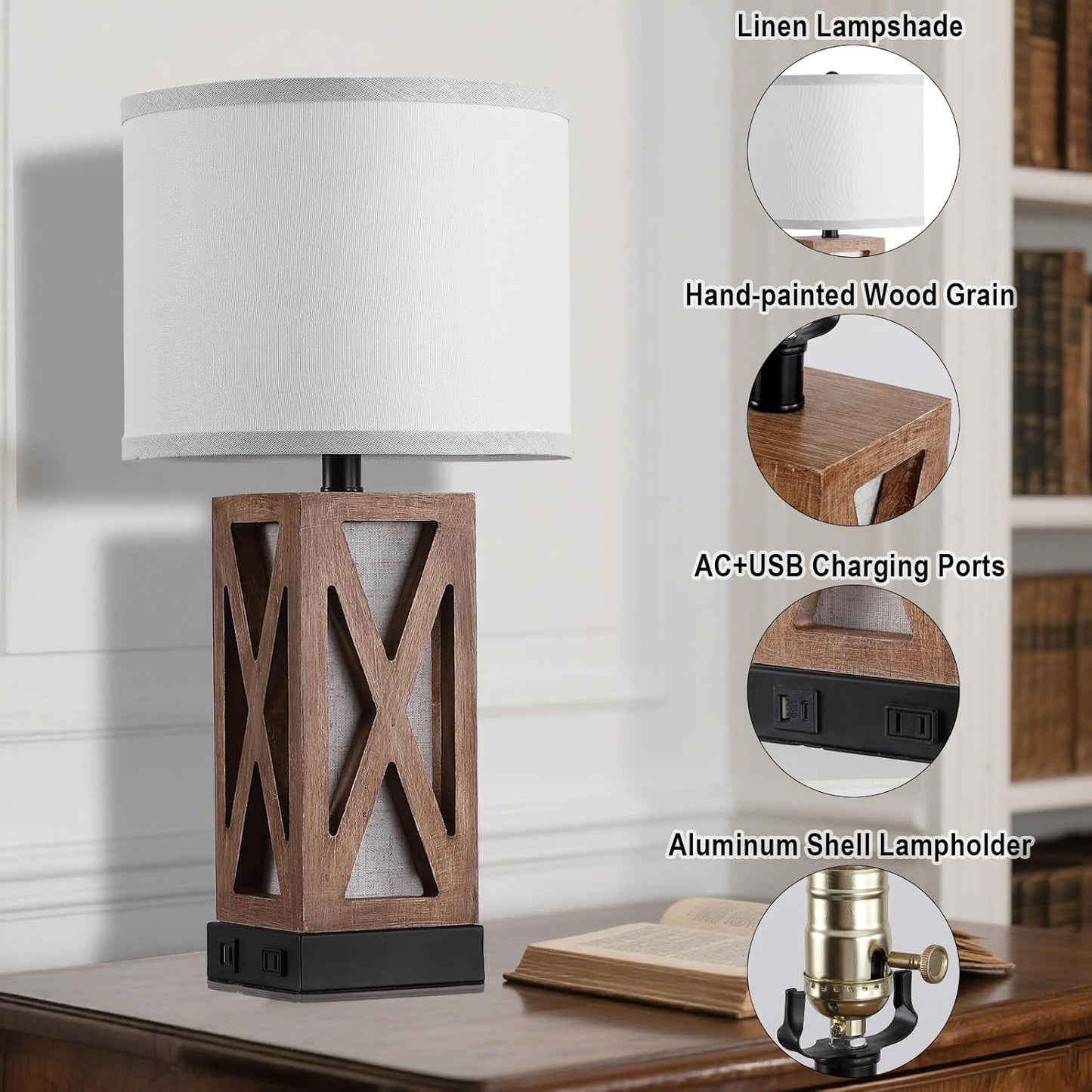 Wood Table Lamp with 3 Color Temperatures, Nightstand Table Lamp with AC Outlet, USB A & C Charging Port, Bedside Lamp for Living Room, Bedroom, Office Reading, Burlywood