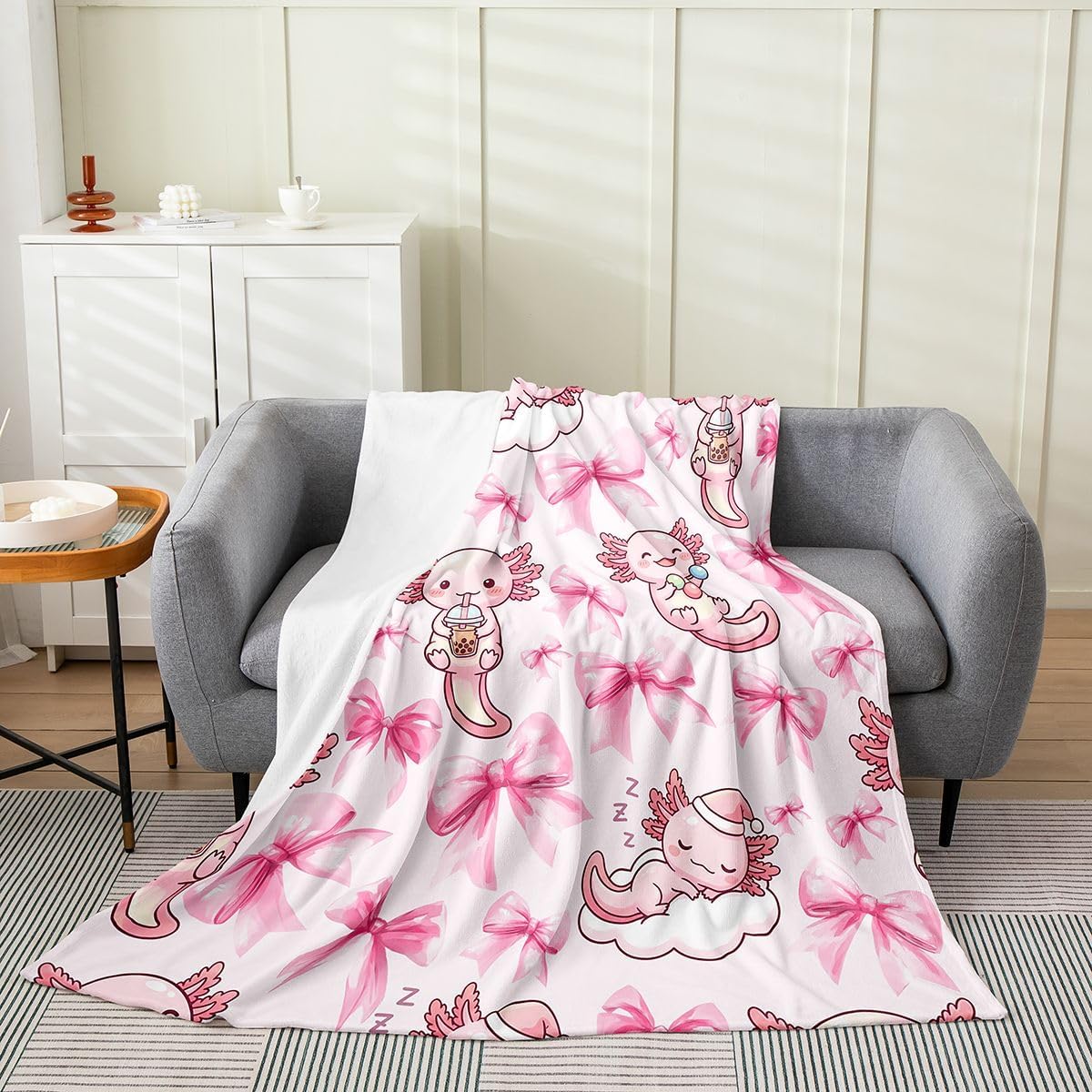 Feelyou Axolotl Flannel Blanket Plush Fuzzy Ribbon Bow Fleece Throw Blanket for Boys Girls Cute Kawaii Aesthetic Plush Lightweight Sofa Throw Salamander Throw 50"x60" for Bed Couch Chair