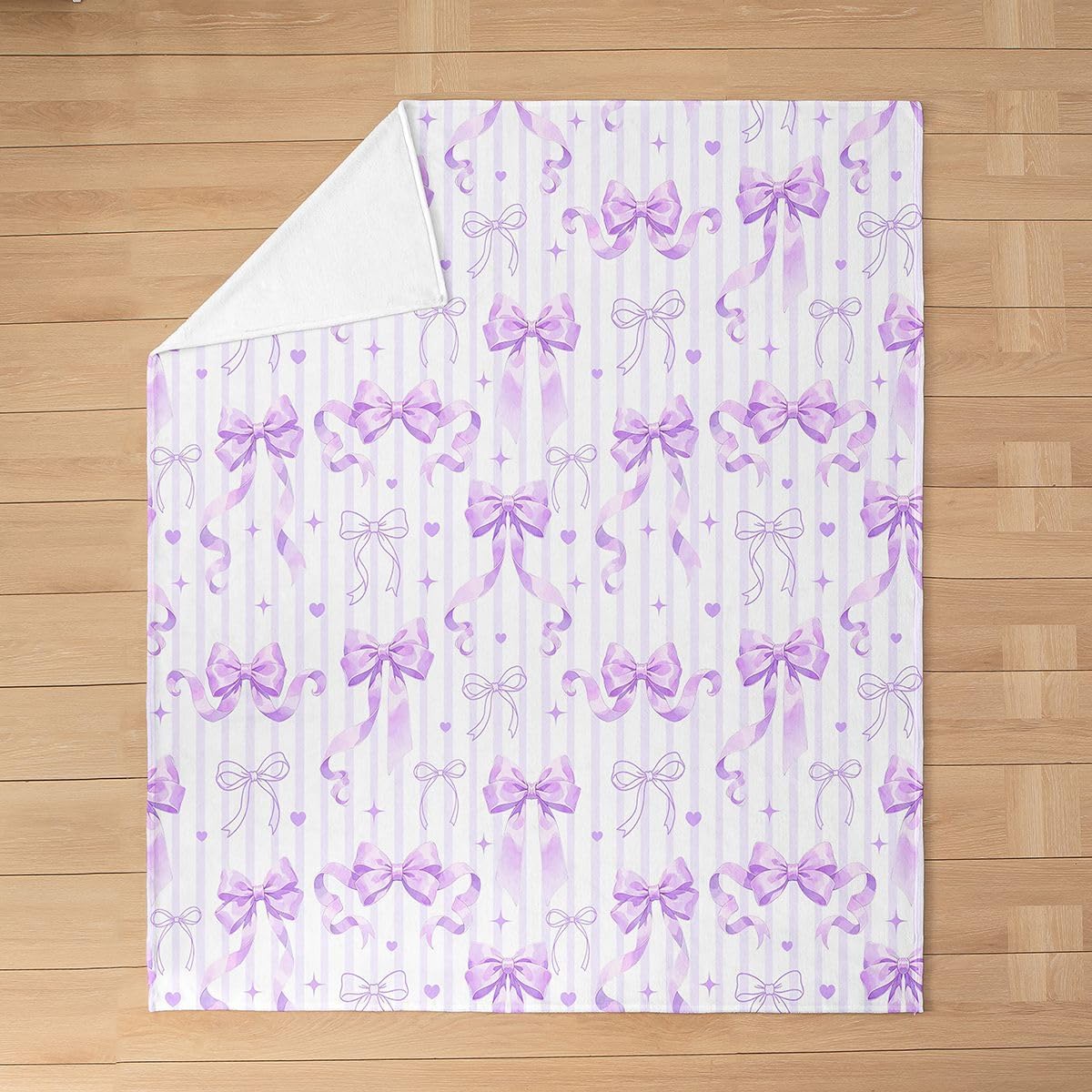 Feelyou Purple Bow Flannel Blanket Plush Fuzzy Cute Ribbon Bowknot Fleece Throw Blanket for Boys Girls Coquette Plush Sofa Throw Aesthetic Twin 60"x80" Stripe Heart Pattern for Bed Couch Chair