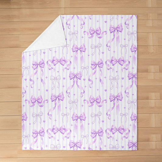 Feelyou Purple Bow Flannel Blanket Plush Fuzzy Cute Ribbon Bowknot Fleece Throw Blanket for Boys Girls Coquette Plush Sofa Throw Aesthetic Twin 60"x80" Stripe Heart Pattern for Bed Couch Chair