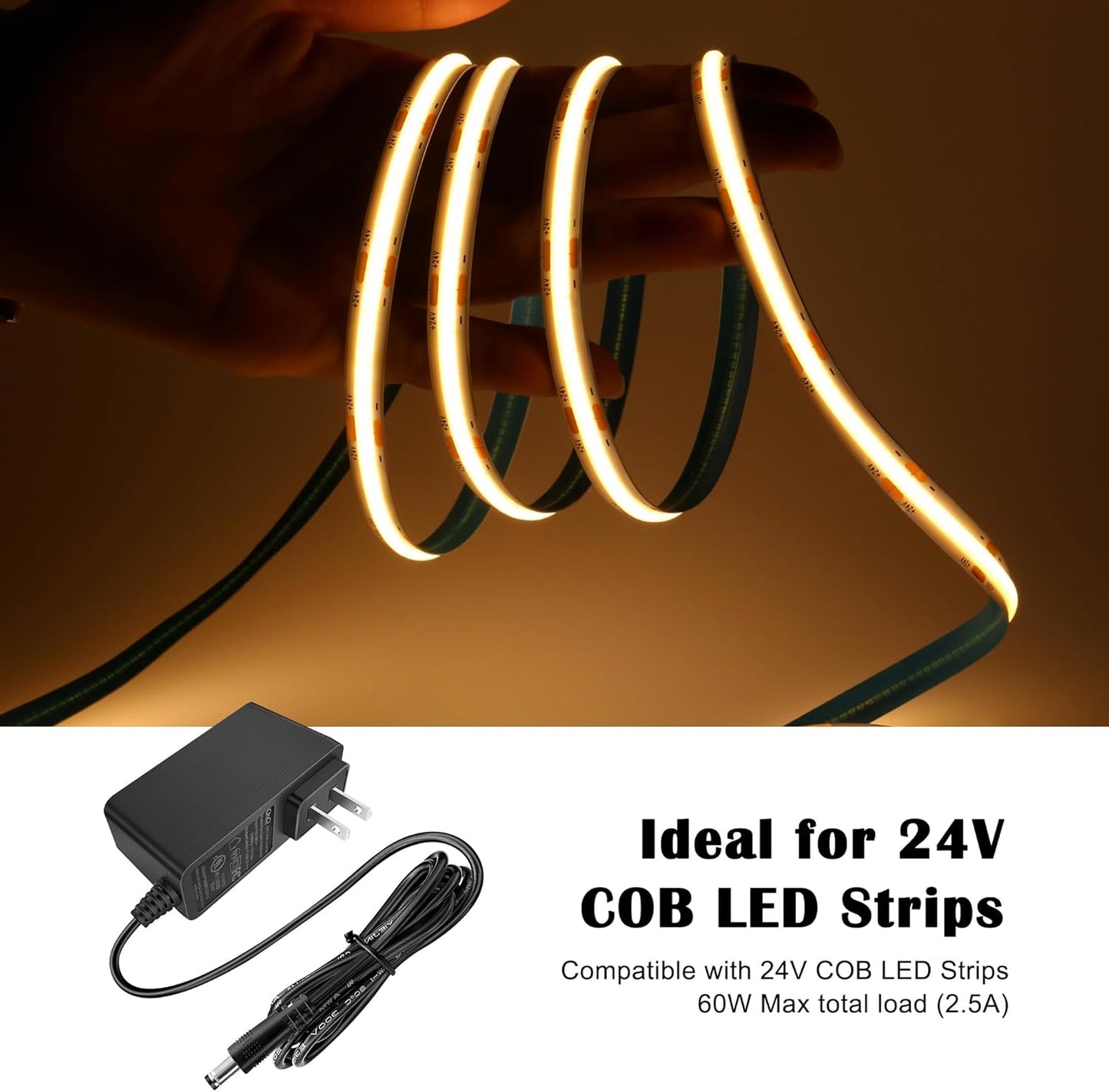 24V DC 2.5A LED Power Supply Adapter – 60W Max, UL Certified, Flicker-Free for 24V LED/COB Strips & CCTV, 5.5×2.1mm